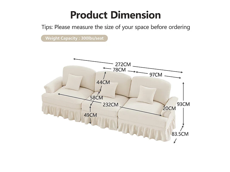 Canapé 3 places en Chenille milieu du siècle, avec cantonnière amovible et 3 oreillers, 272x83.5x93cm, Beige