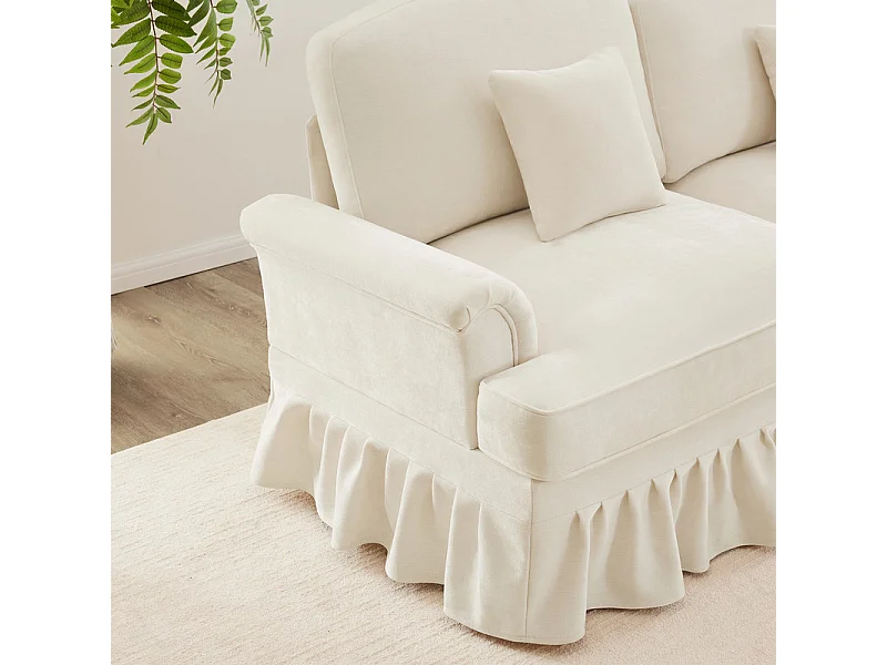 Canapé 3 places en Chenille milieu du siècle, avec cantonnière amovible et 3 oreillers, 272x83.5x93cm, Beige