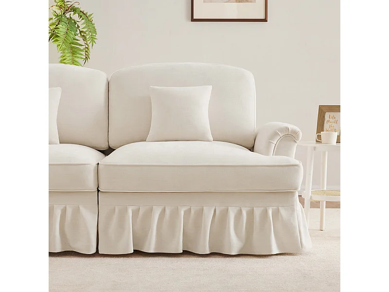 Canapé 3 places en Chenille milieu du siècle, avec cantonnière amovible et 3 oreillers, 272x83.5x93cm, Beige