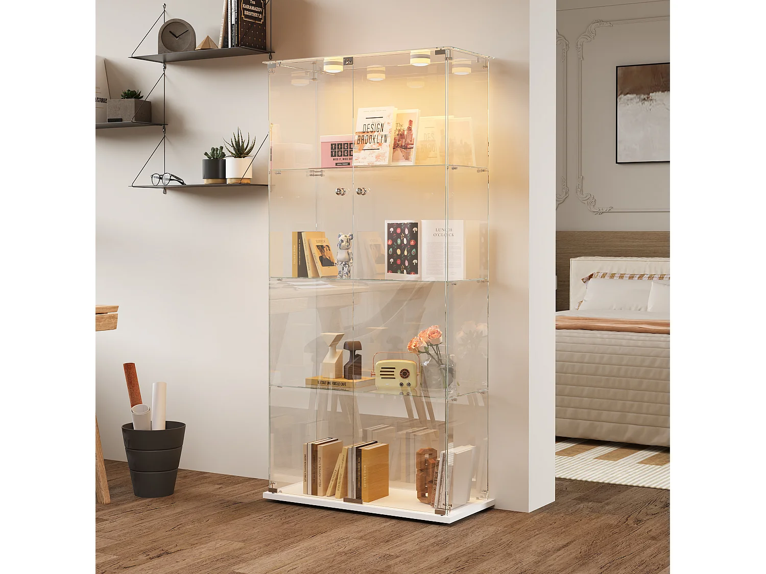 Vitrine double porte à 4 étagères avec Lampe LED tactile, noir, Exposition 360° pour salon, chambre ou bureau