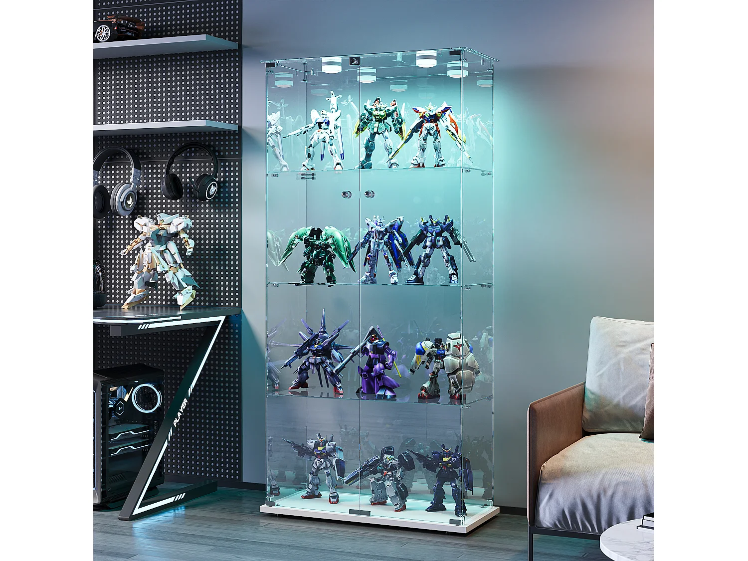 Vitrine double porte à 4 étagères avec Lampe LED tactile, noir, Exposition 360° pour salon, chambre ou bureau