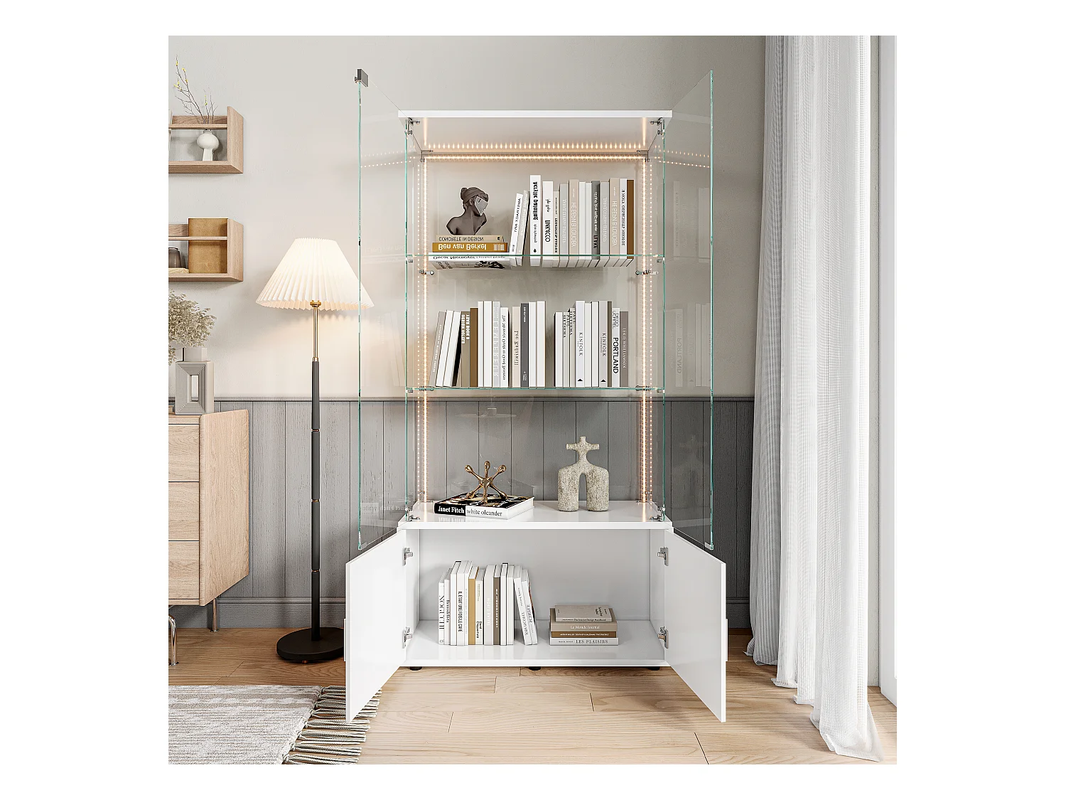 Vitrinekast met 3 planken, opbergruimte en ledverlichting, modern wit design – Vitrinekast voor woonkamer, slaapkamer of kantoor