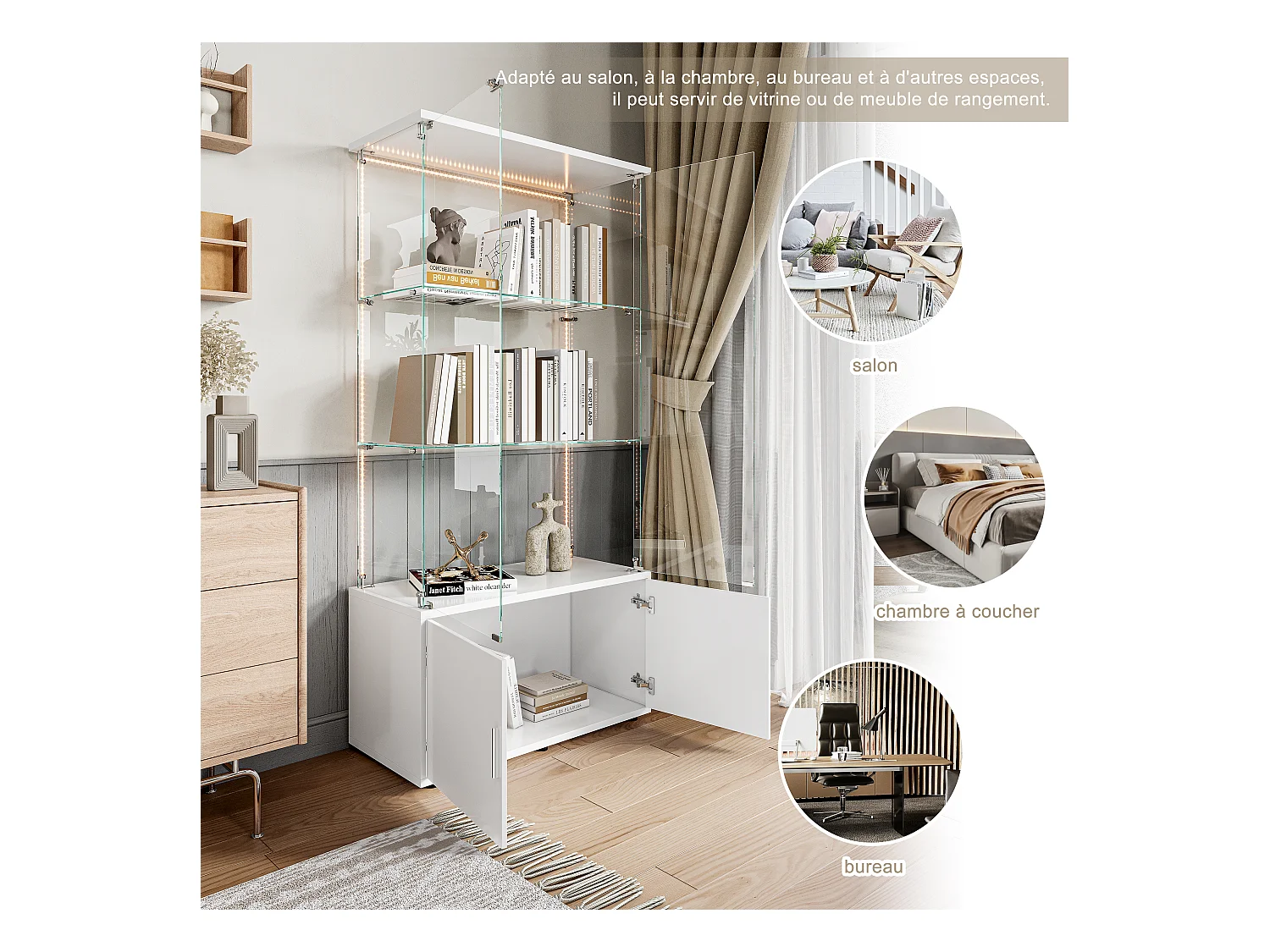 Vitrinekast met 3 planken, opbergruimte en ledverlichting, modern wit design – Vitrinekast voor woonkamer, slaapkamer of kantoor