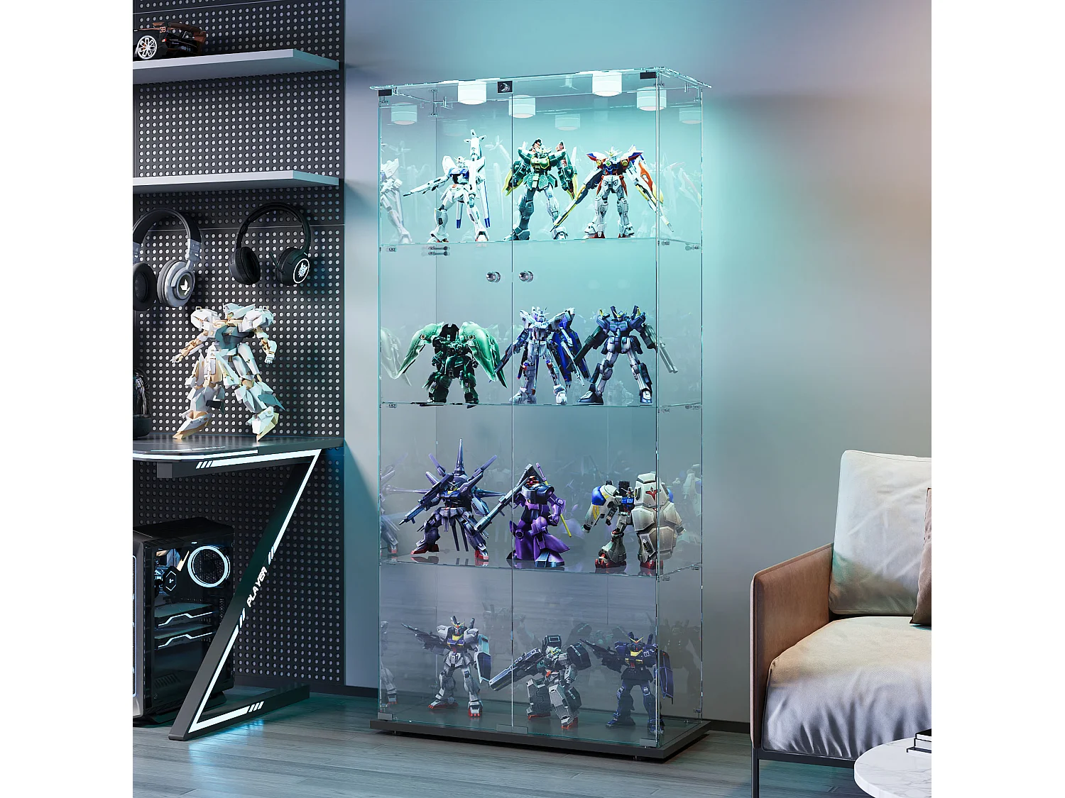 Vitrine double porte 4 étagères avec éclairage LED ou lampes tactiles – Design moderne, verre trempé et vue panoramique 360°