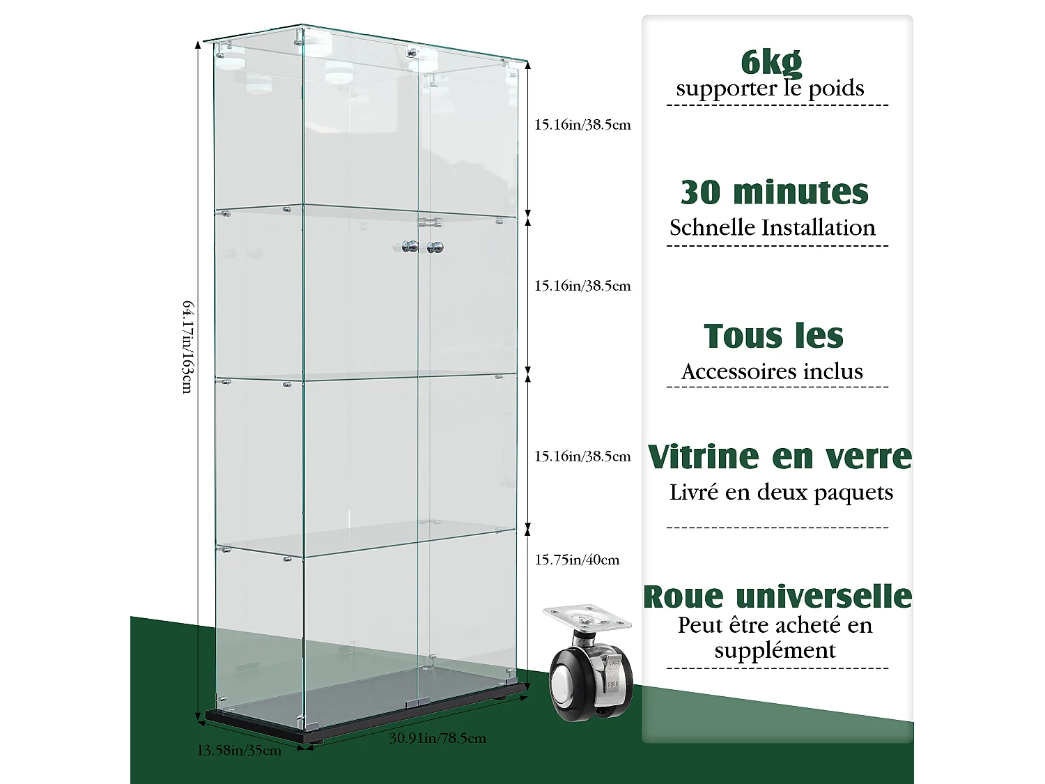 Vitrine double porte 4 étagères avec éclairage LED ou lampes tactiles – Design moderne, verre trempé et vue panoramique 360°