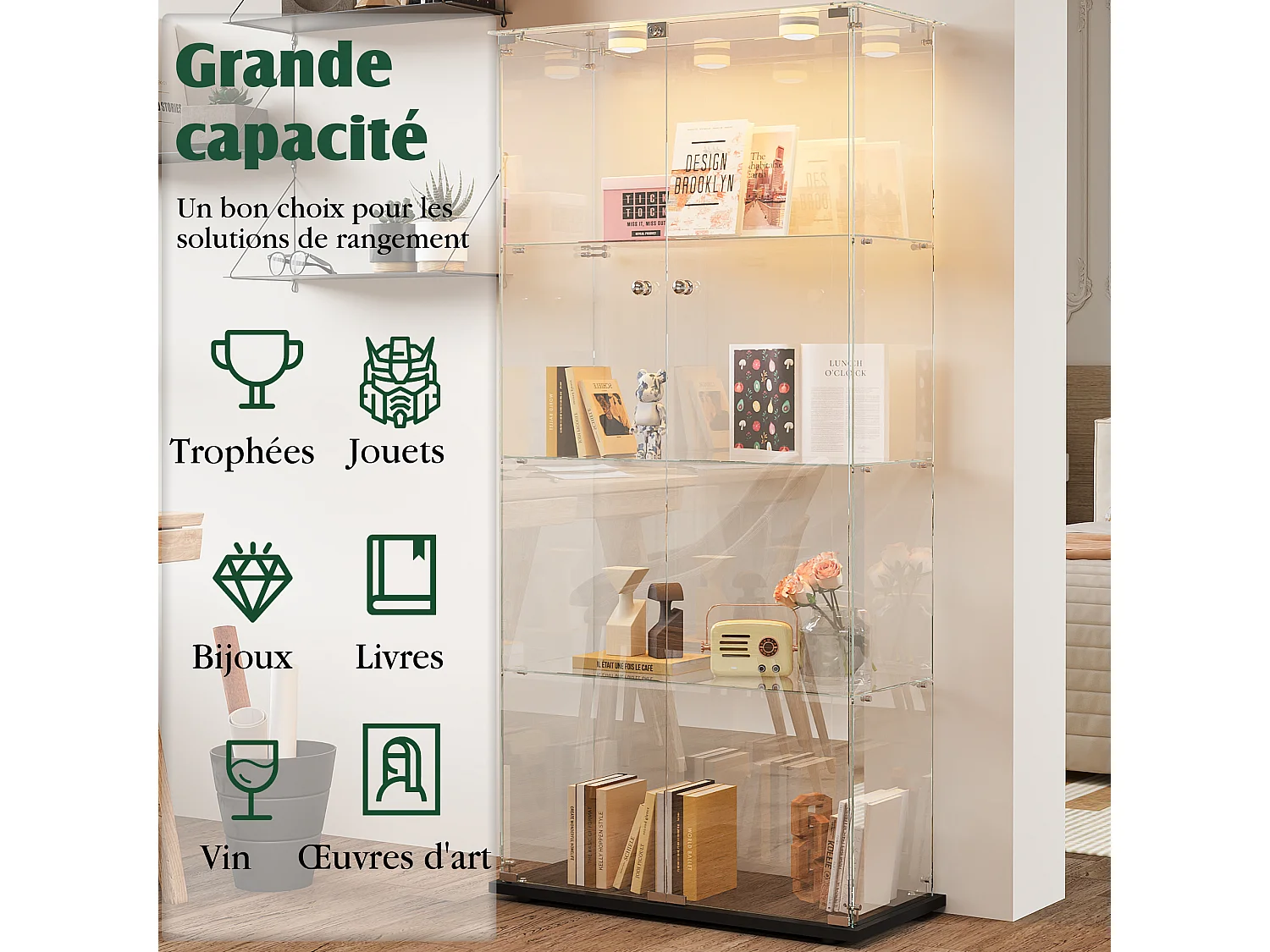 Vitrine double porte 4 étagères avec éclairage LED ou lampes tactiles – Design moderne, verre trempé et vue panoramique 360°