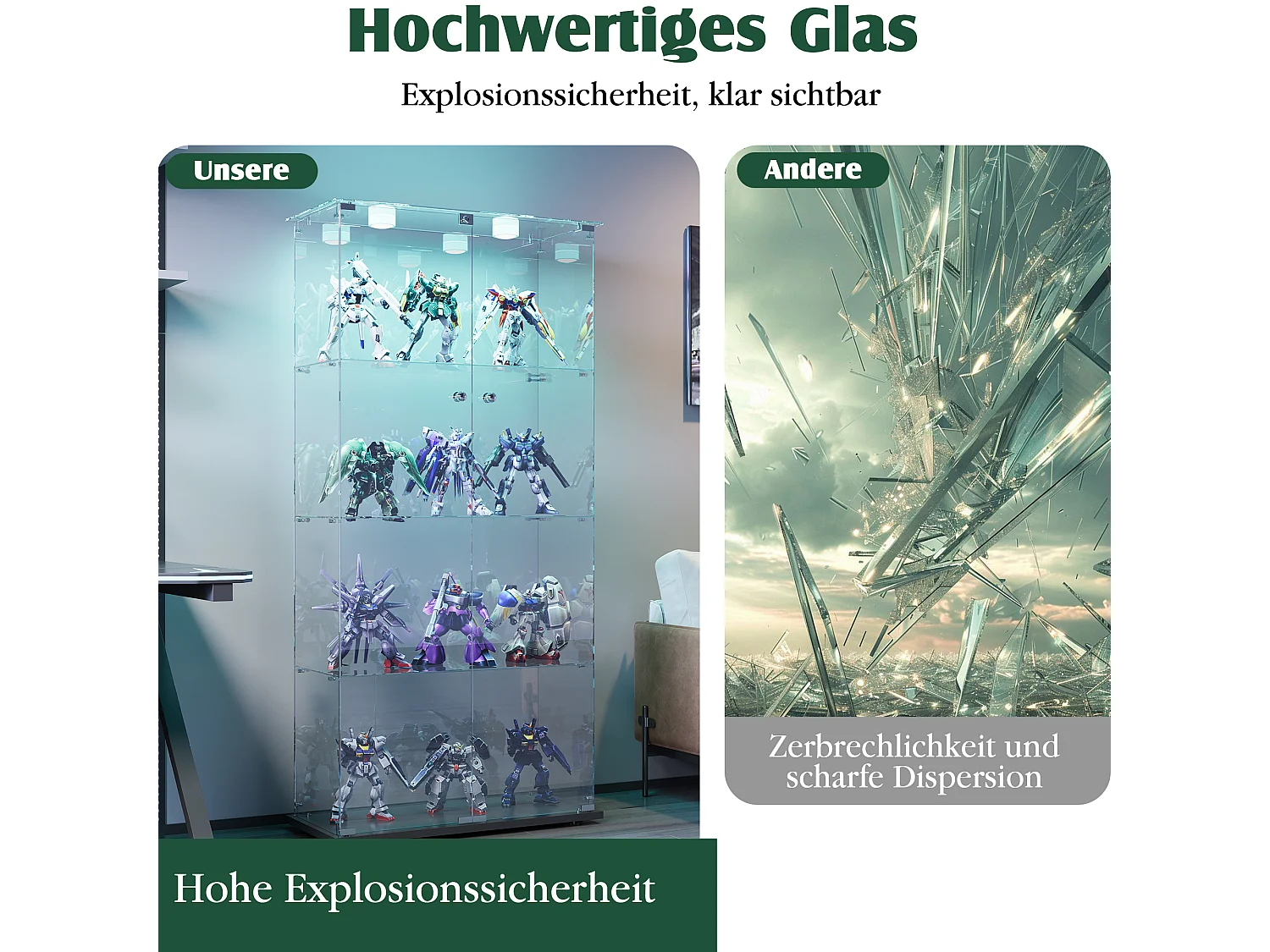 Vitrine double porte 4 étagères avec éclairage LED ou lampes tactiles – Design moderne, verre trempé et vue panoramique 360°