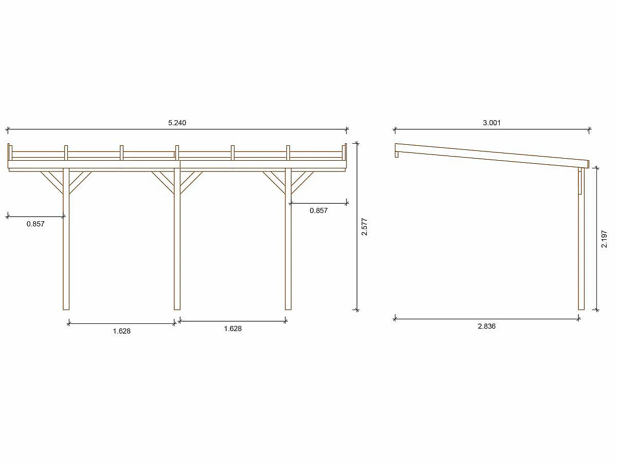 Carport adossé voiture " Solar 2  " - 15.30 m² - 3.00 x 5.24 x 2.19/2.57 m