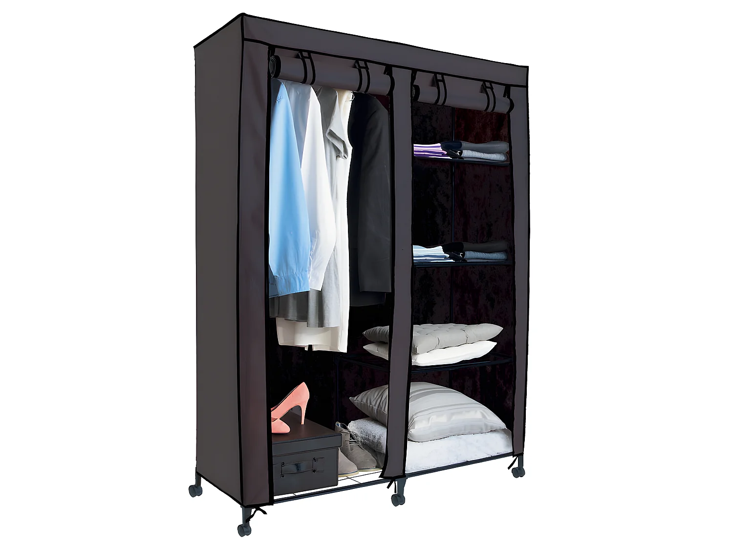Armoire de rangement avec penderie sur roulettes coloris gris - Longueur 118 x Profondeur 49 x Hauteur 168 cm