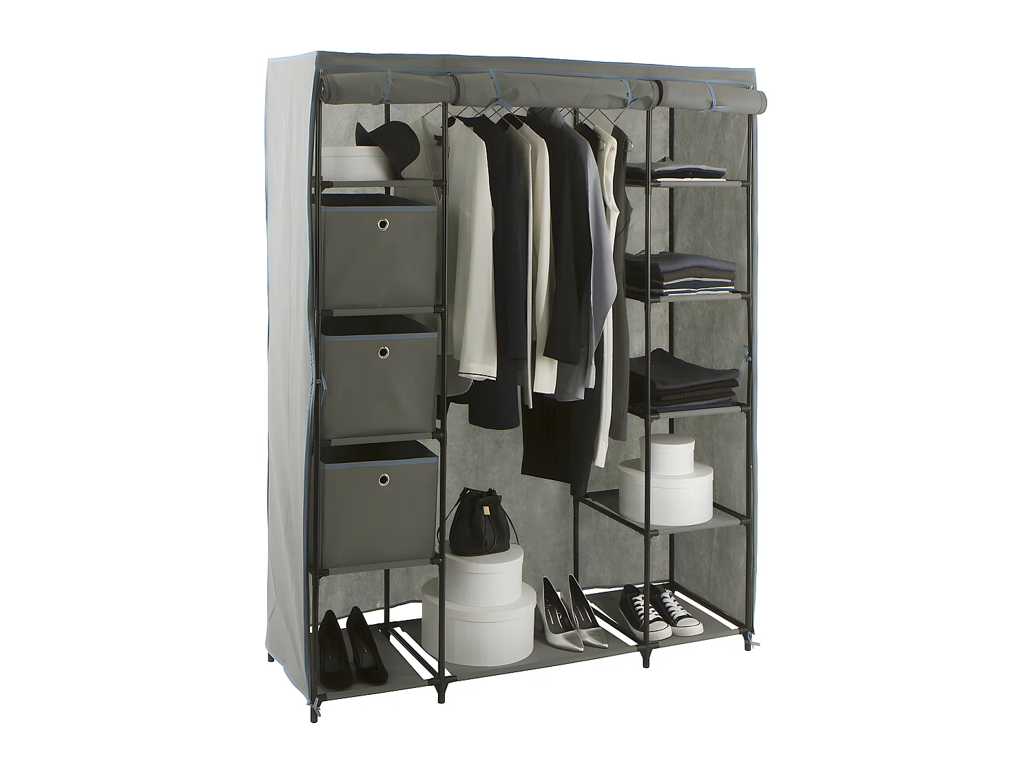 Armoire penderie avec 3 boîtes en tissu coloris gris anthracite - Longueur 133 x Profondeur 44 x Hauteur 170 cm