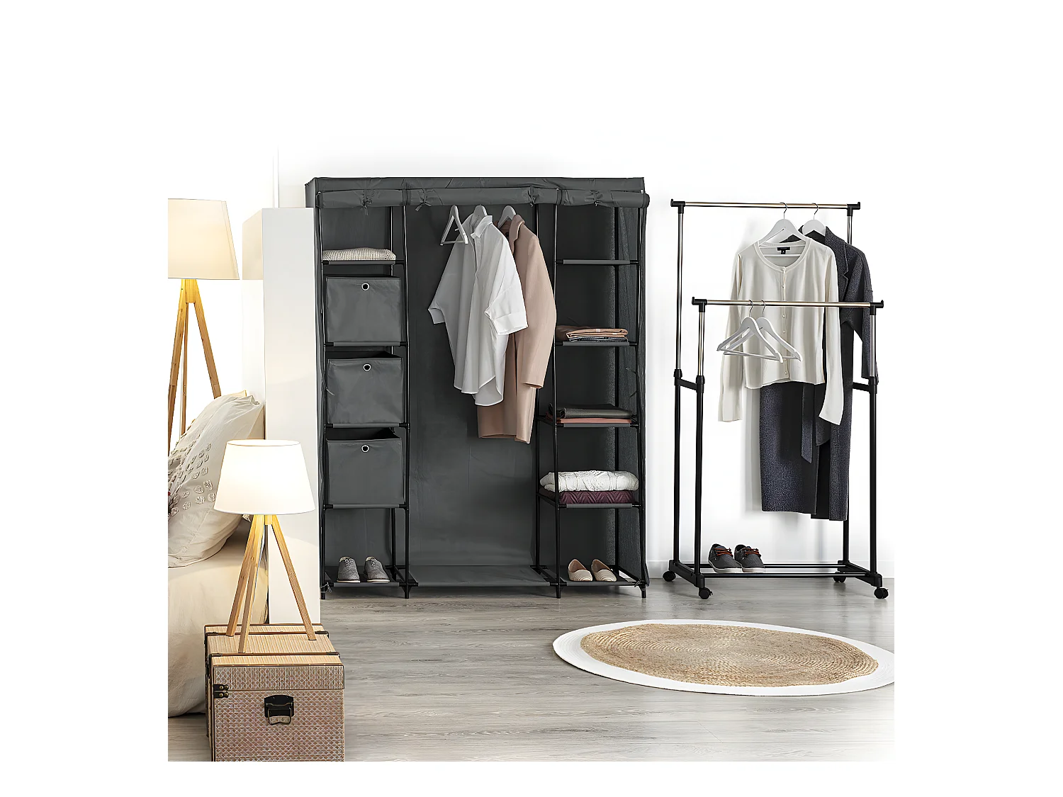 Armoire penderie avec 3 boîtes en tissu coloris gris anthracite - Longueur 133 x Profondeur 44 x Hauteur 170 cm