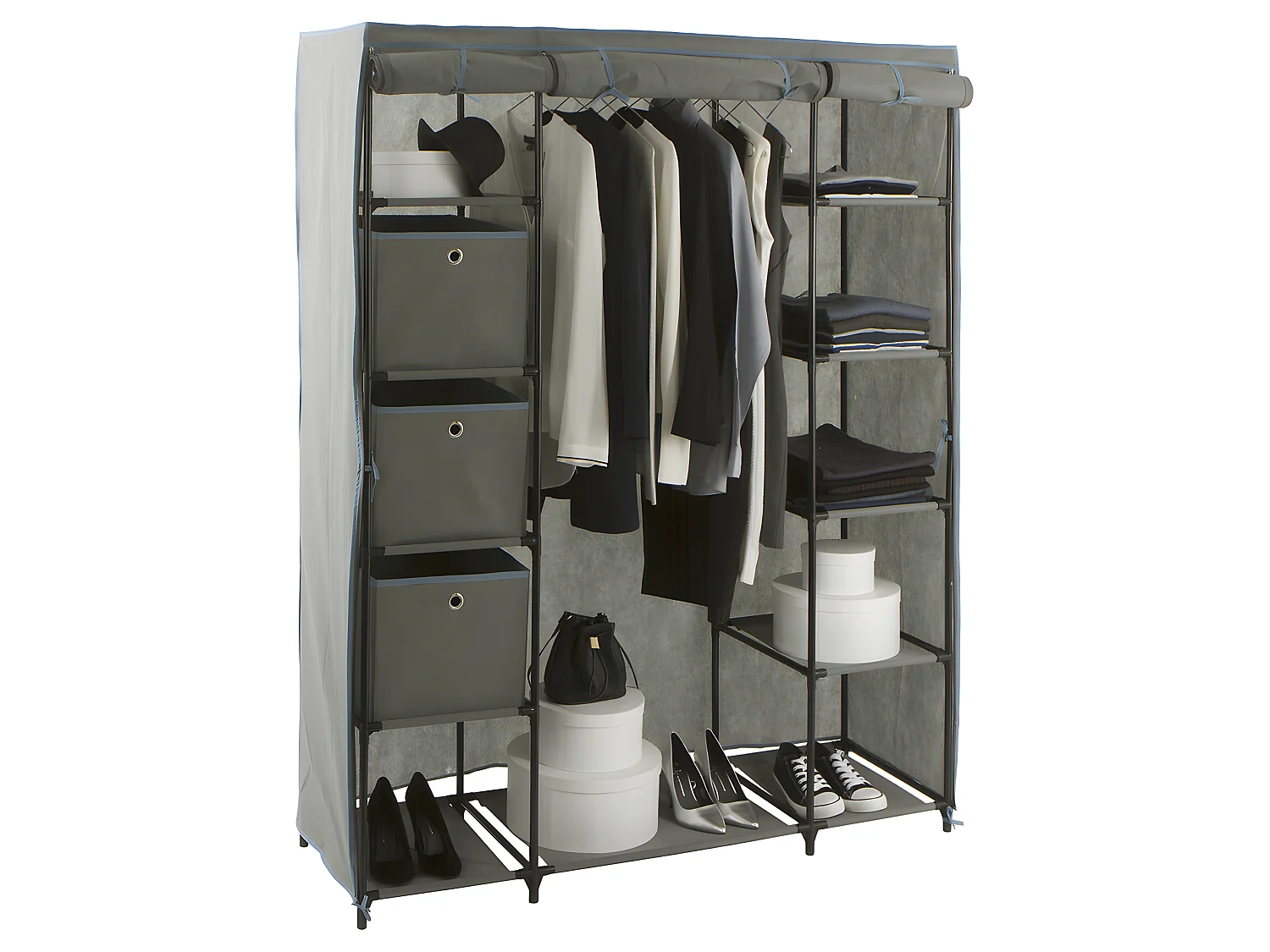 Armoire penderie avec 3 boîtes en tissu coloris gris anthracite - Longueur 133 x Profondeur 44 x Hauteur 170 cm