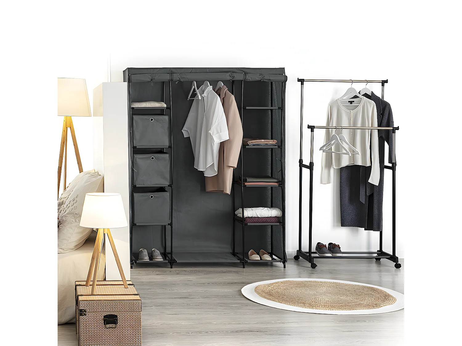 Armoire penderie avec 3 boîtes en tissu coloris gris anthracite - Longueur 133 x Profondeur 44 x Hauteur 170 cm