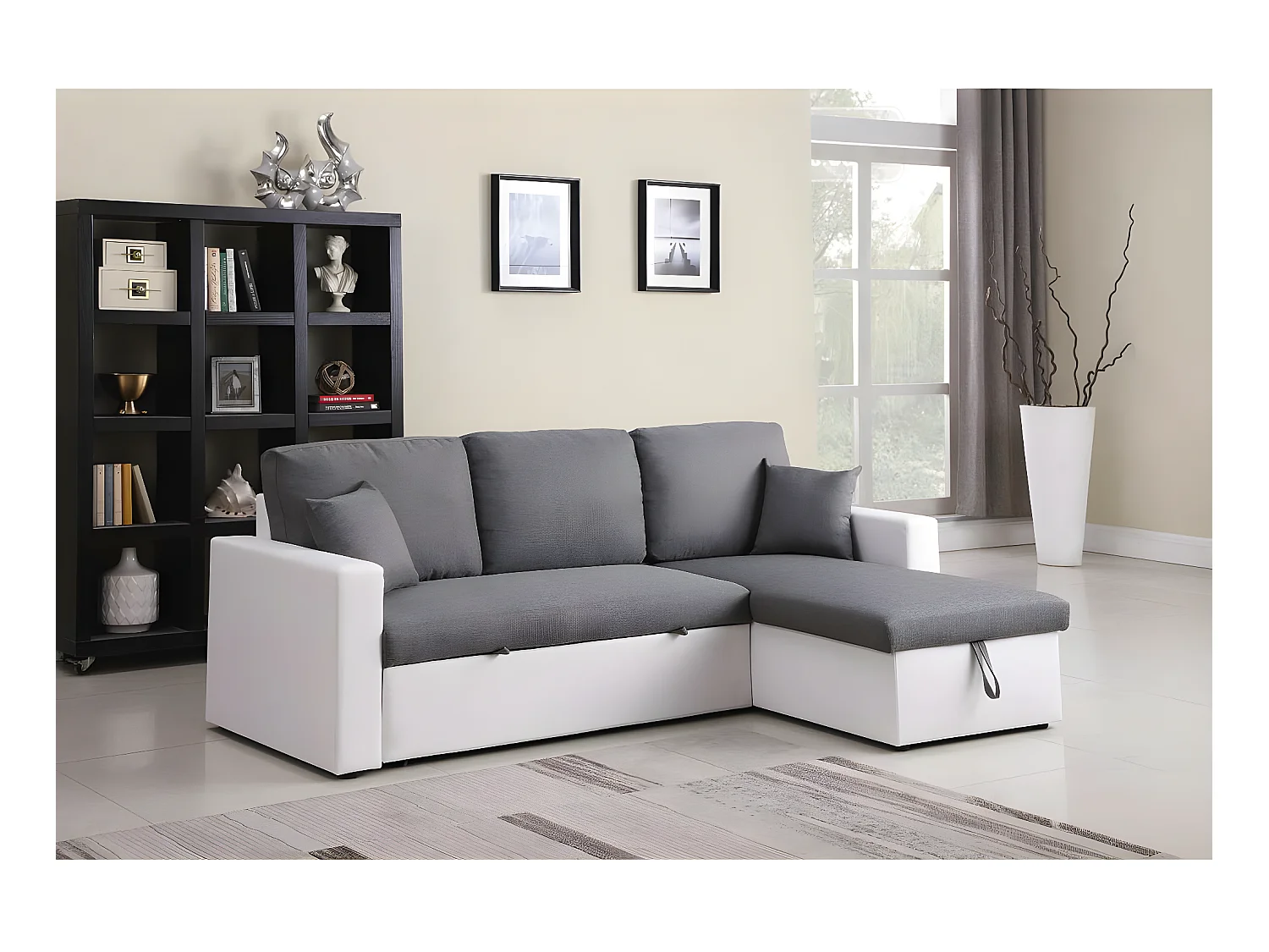 Canapé d'angle convertible/ réversible avec coffre "Alain" - 221 x 145 x 85 cm - 3 places - Gris / Blanc