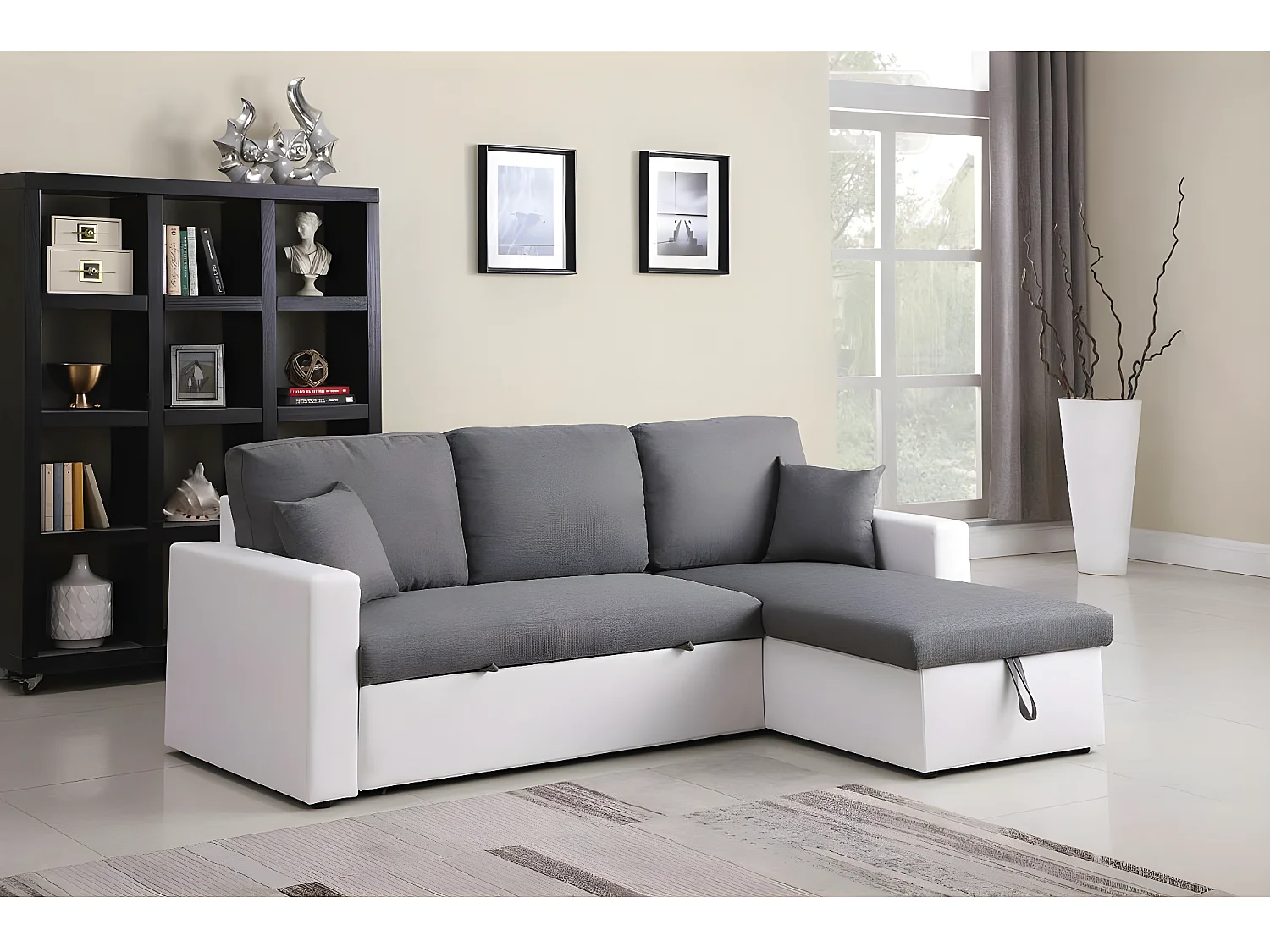 Canapé d'angle convertible/ réversible avec coffre "Alain" - 221 x 145 x 85 cm - 3 places - Gris / Blanc