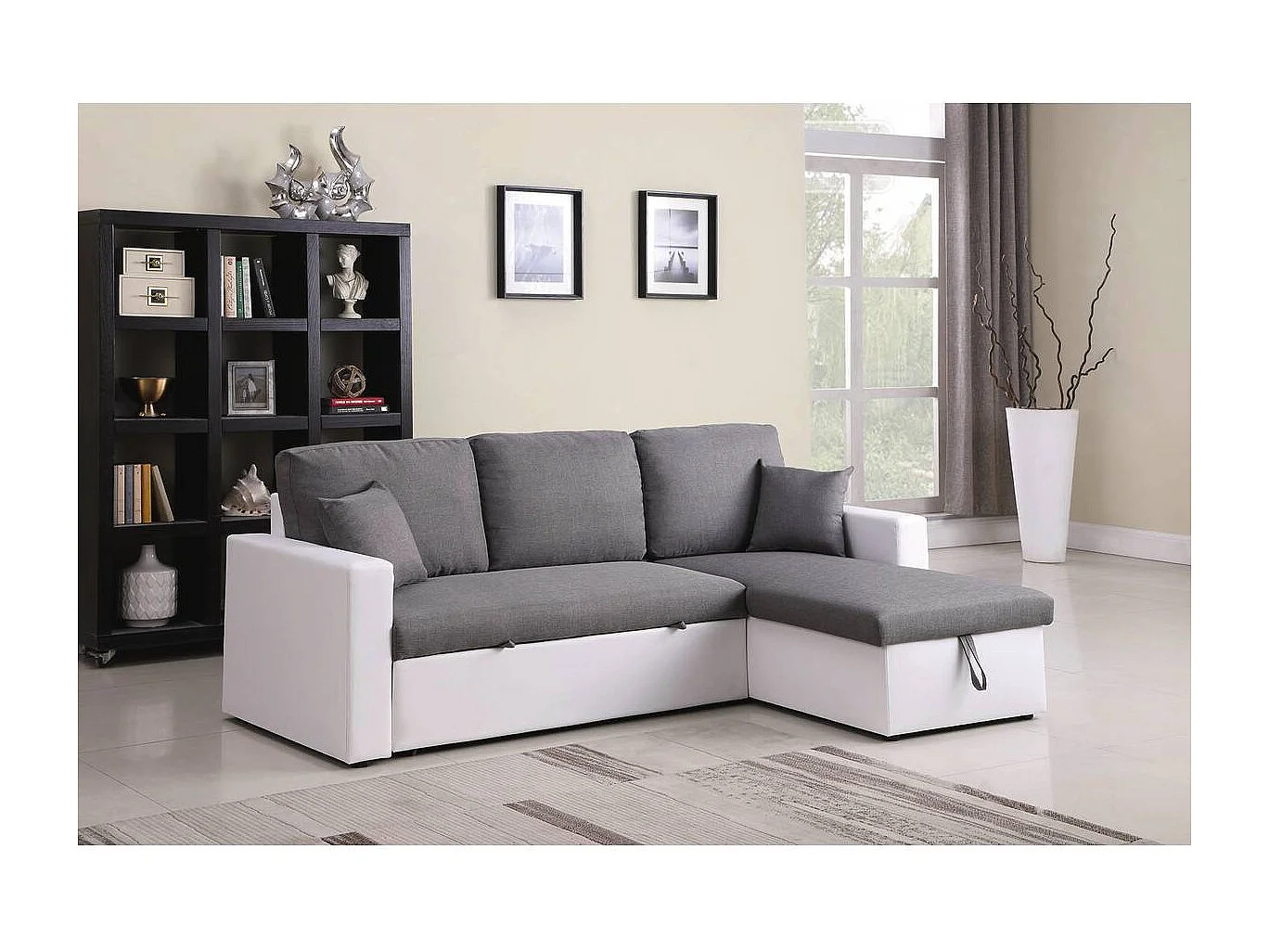 Canapé d'angle convertible/ réversible avec coffre "Alain" - 221 x 145 x 85 cm - 3 places - Gris / Blanc