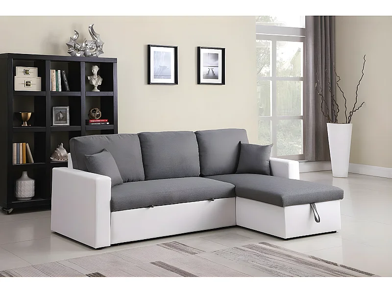 Canapé d'angle convertible/ réversible avec coffre "Alain" - 221 x 145 x 85 cm - 3 places - Gris / Blanc