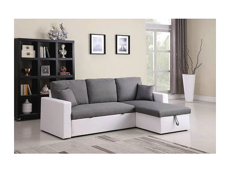 Hoekbank met opbergruimte slaapbank meubel links of rechts bank "Alain" - 221 x 145 x 85 cm - 3 zits - Grijs / Wit