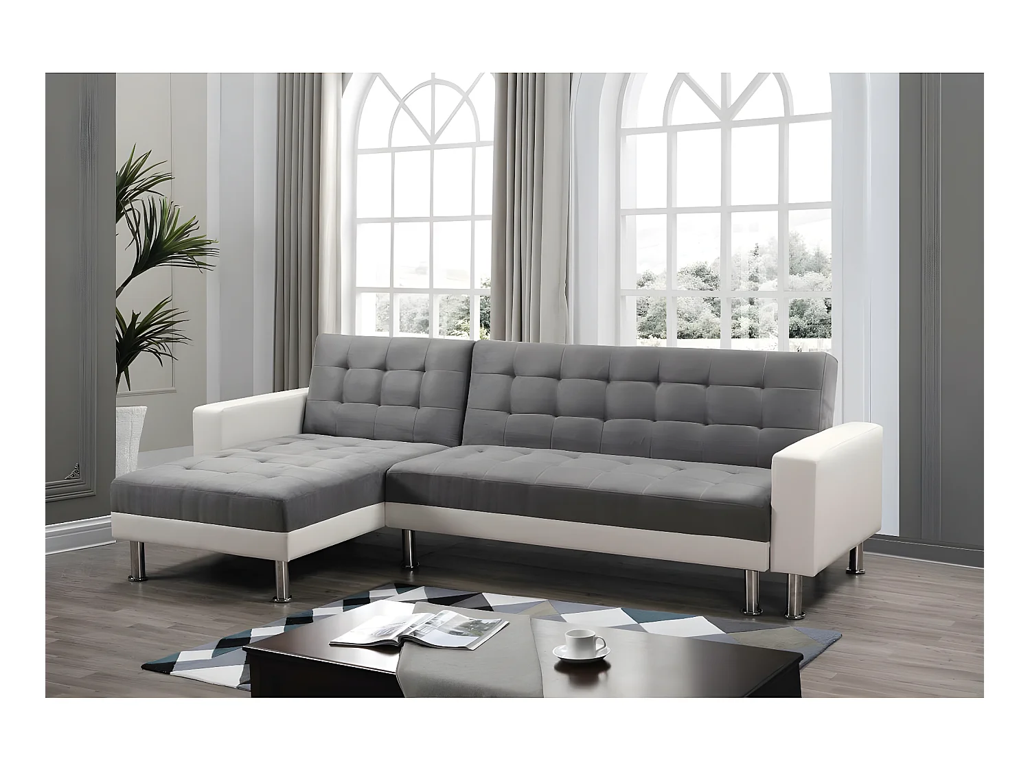Canapé d'angle convertible et réversible "Theo" - 258 x 82/147 x 82 cm - 4 places - Blanc / Gris
