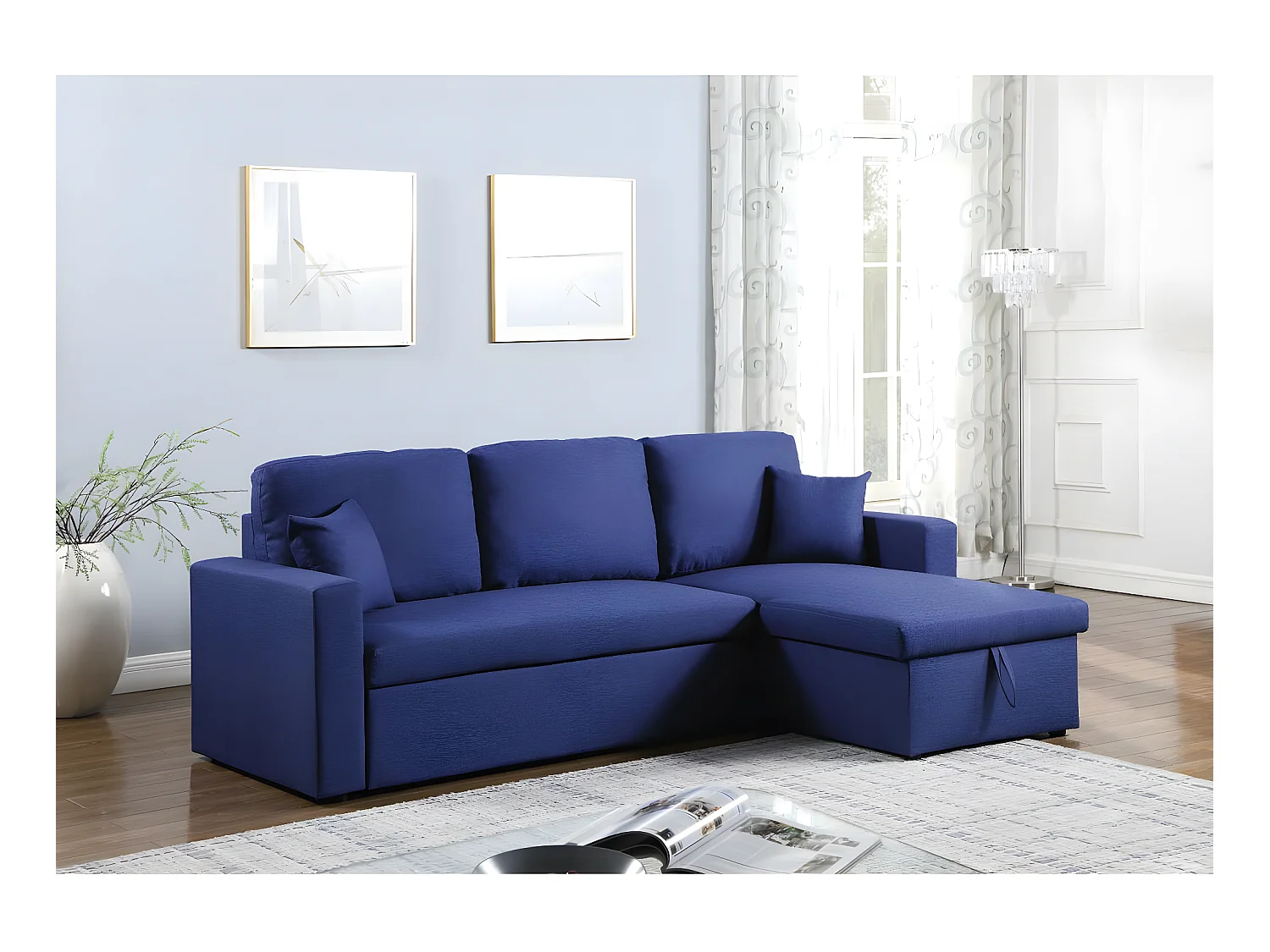 Sofá de canto conversível com armazenamento "Alain" - 3 lugares - Azul