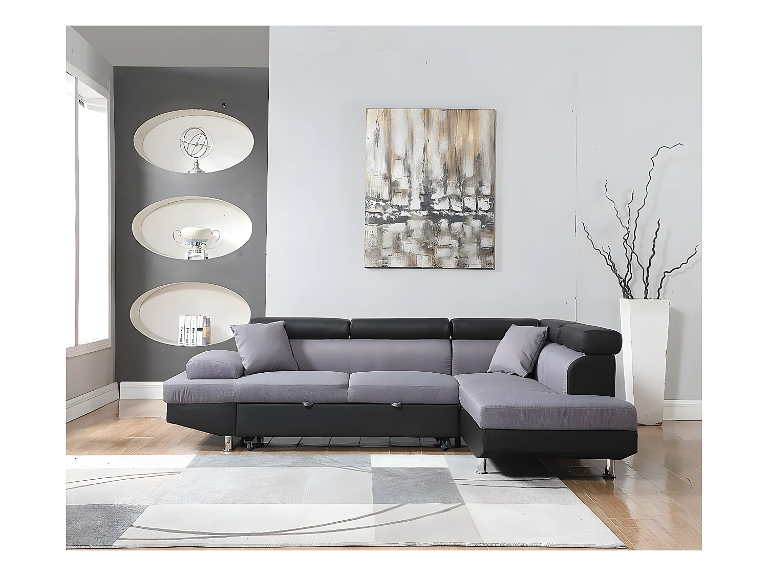 Hoekslaapbank "Sophia luxe" in zwart/grijze stof, 5 zitplaatsen, rechte hoek