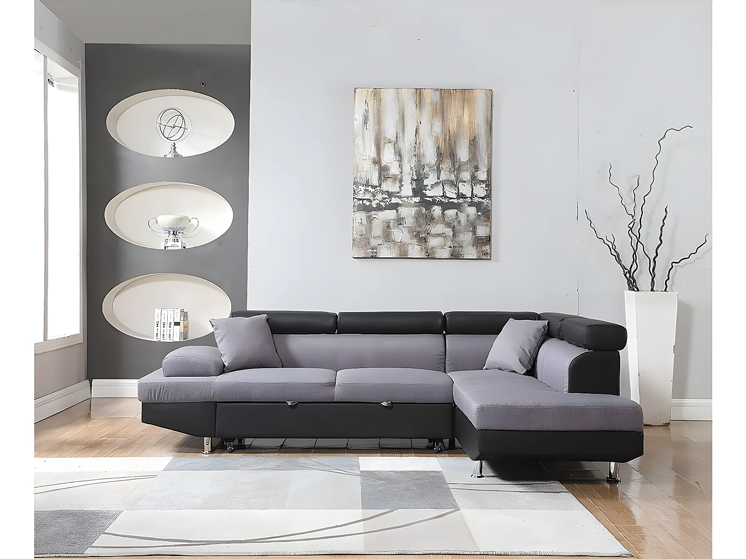 Canapé d'angle convertible "Sophia luxe" - 265 x 190.5 x 80/91 cm - Noir / Gris - 5 places - Angle droit