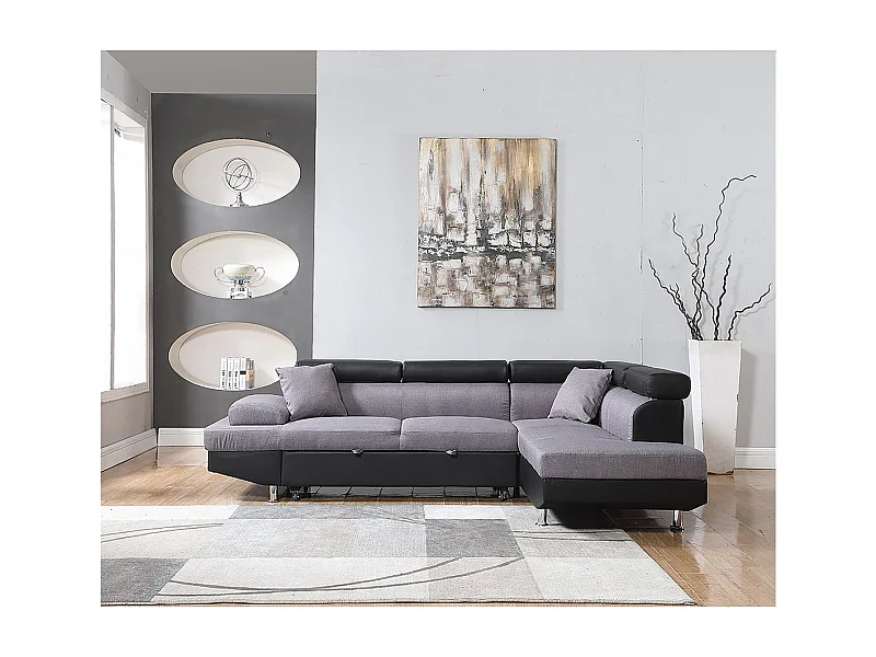 Hoekbank slaapbank meubel "Sophia luxe" - 265 x 190,5 x 80/91 cm - Zwart / Grijs - 5 zits - Hoek aan rechterkant