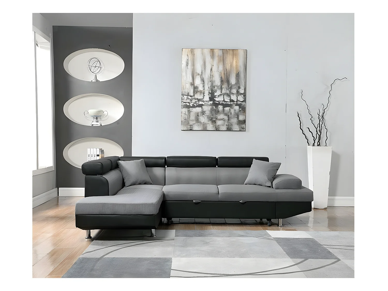 Canapé d'angle convertible "Sophia luxe" - 265 x 190.5 x 80/91 cm - Noir / Gris - 5 places - Angle gauche