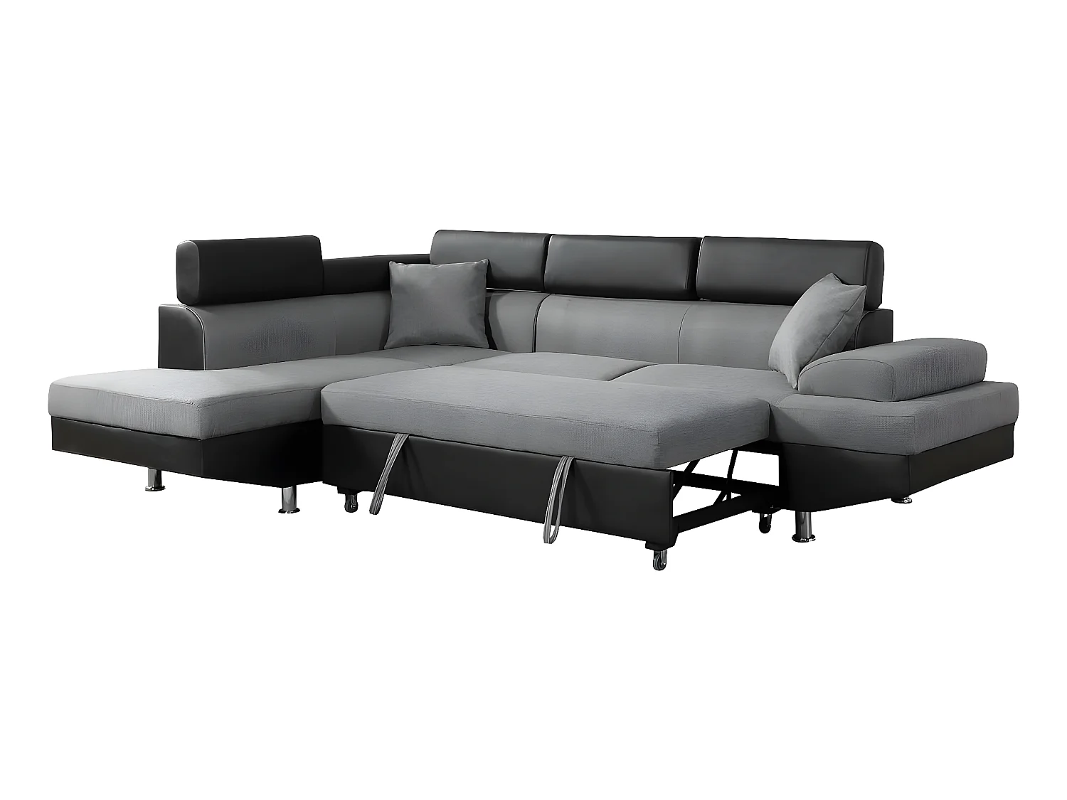 Canapé d'angle convertible "Sophia luxe" - 265 x 190.5 x 80/91 cm - Noir / Gris - 5 places - Angle gauche