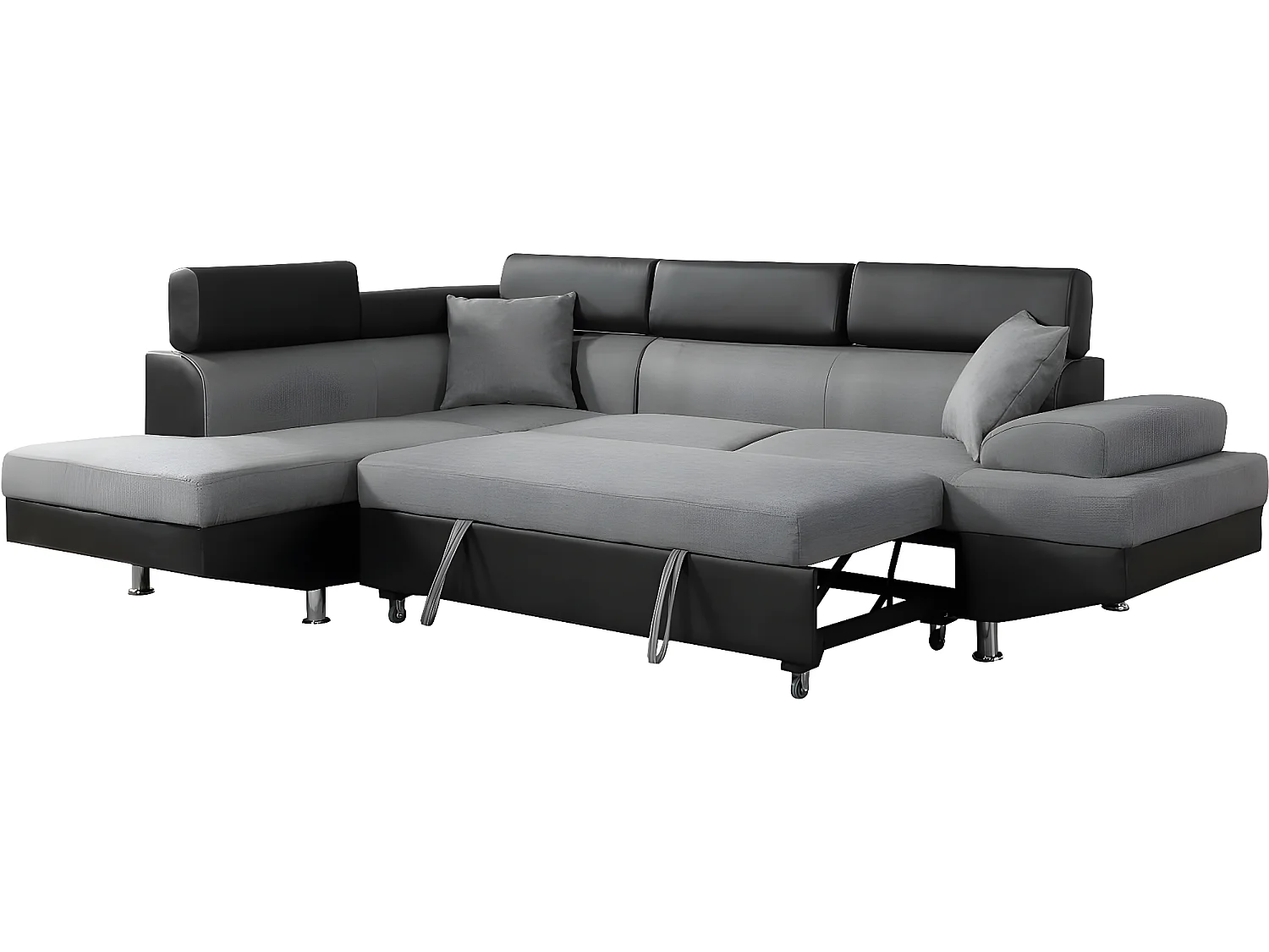 Canapé d'angle convertible "Sophia luxe" - 265 x 190.5 x 80/91 cm - Noir / Gris - 5 places - Angle gauche