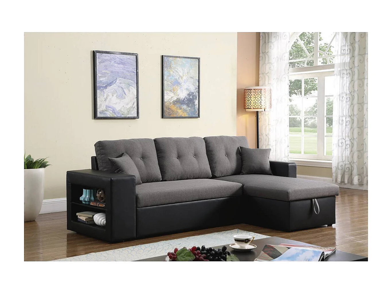 Kanapa narożna rozkładana "Axel" - Możliwość zmiany położenia narożnika (prawostronny lub lewostronny) - 3 miejsca - Czarno-szara