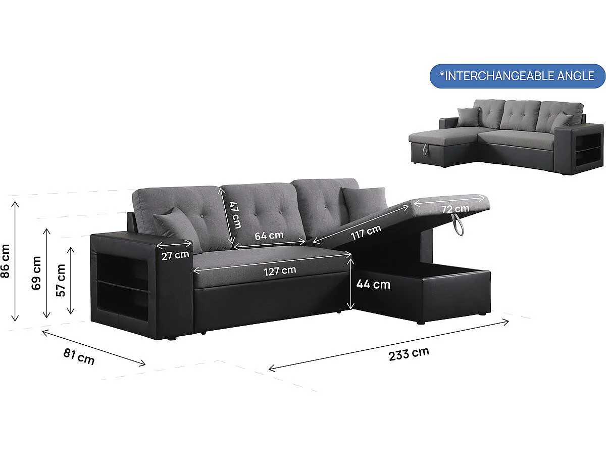Canapé d'angle réversible convertible 3 places en velours gris foncé