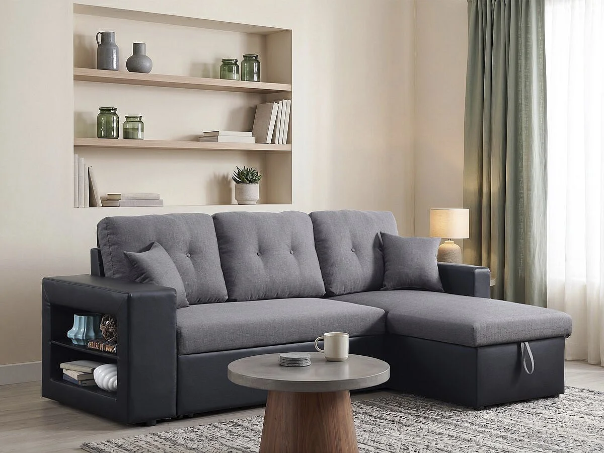 Canapé d'angle réversible convertible 3 places en velours gris foncé
