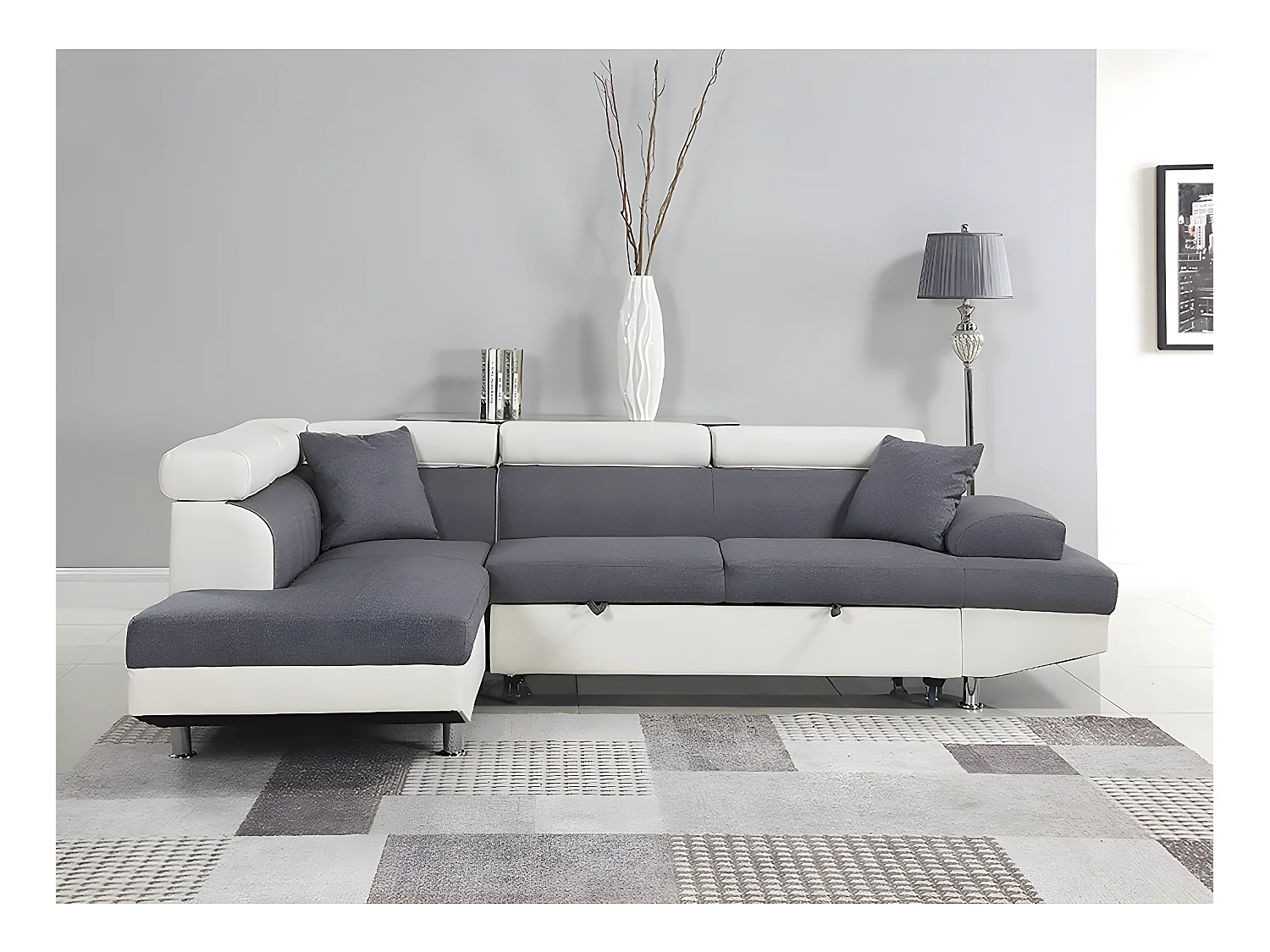 Canapé d'angle convertible "Sophia luxe" - 265 x 190.5 x 80/91 cm - Blanc / Gris - 5 places - Angle gauche
