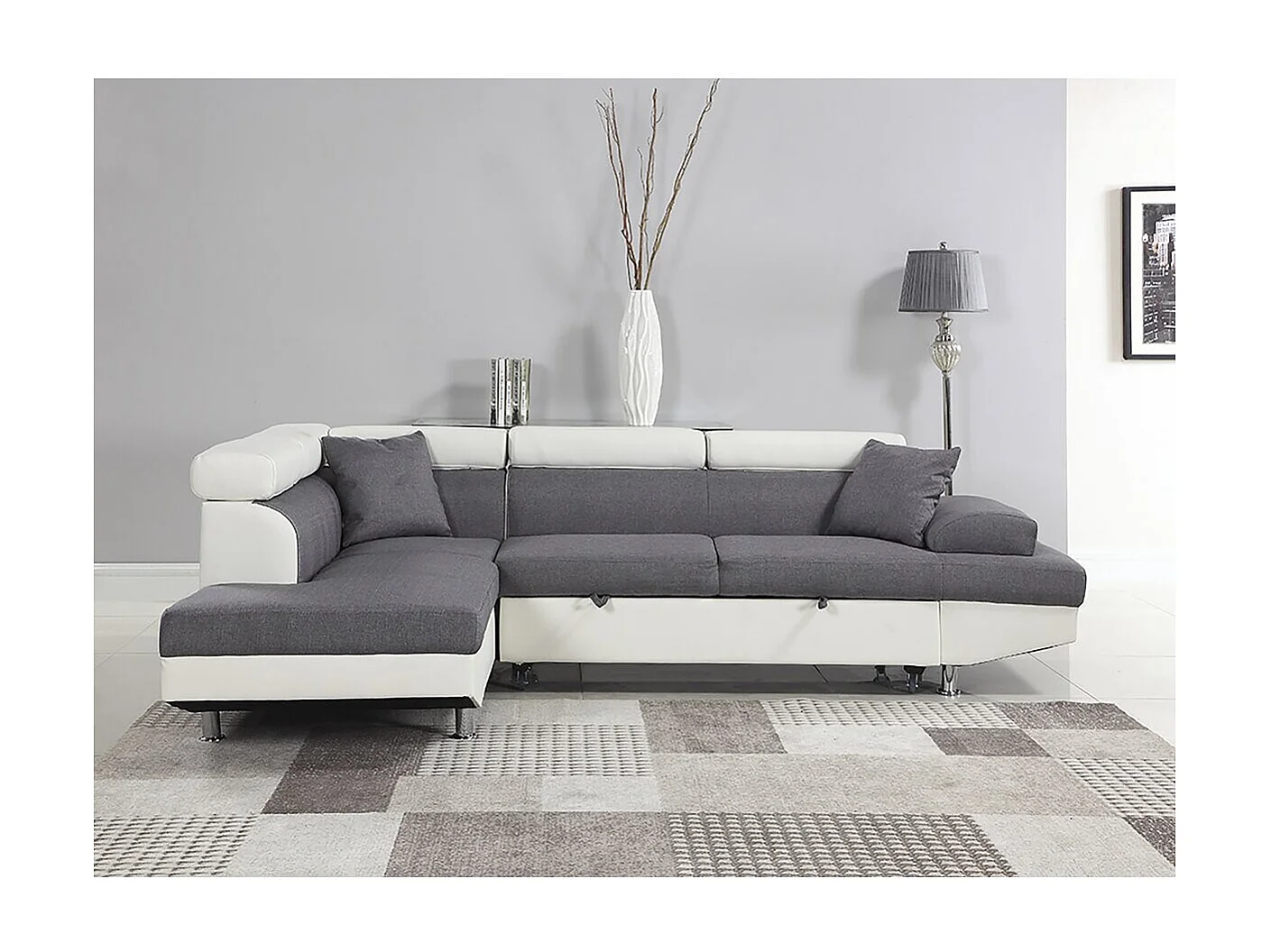 Canapé d'angle convertible "Sophia luxe" - 265 x 190.5 x 80/91 cm - Blanc / Gris - 5 places - Angle gauche