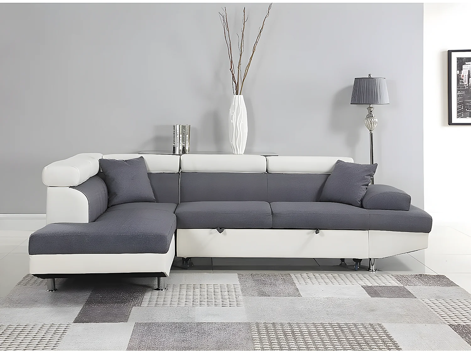 Sofa narożna "Sophia luxe" - 265 x 190.5 x 80/91 cm - Biało-szara - 5 miejsc - Lewostronna