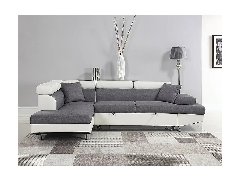 Canapé d'angle convertible "Sophia luxe" - 265 x 190.5 x 80/91 cm - Blanc / Gris - 5 places - Angle gauche