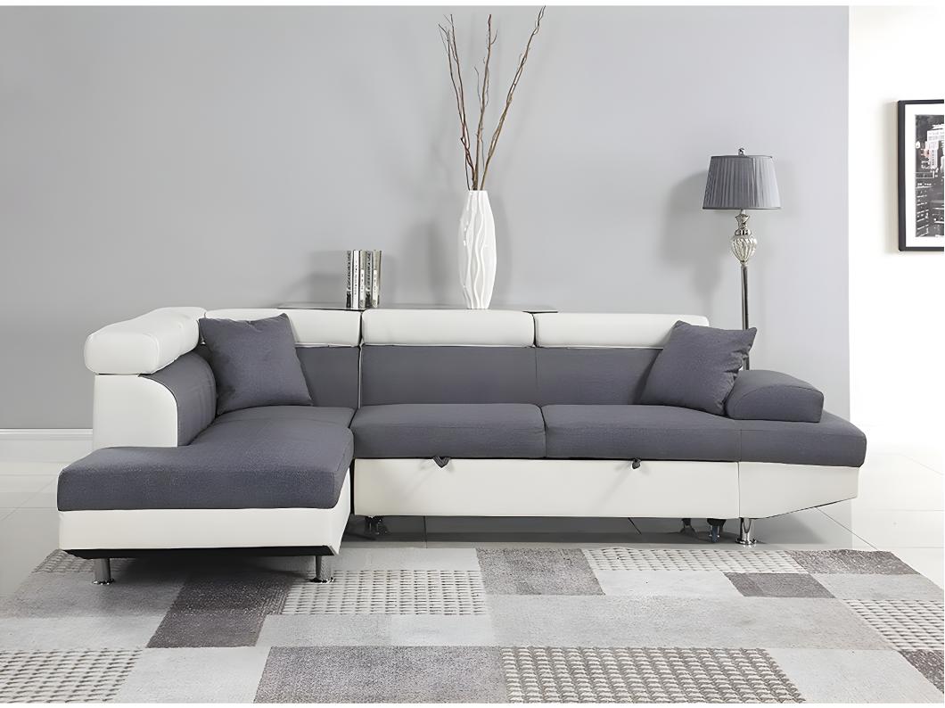 Hoekslaapbank "Sophia luxe" in wit/grijze stof met linker chaise longue voor 5 personen