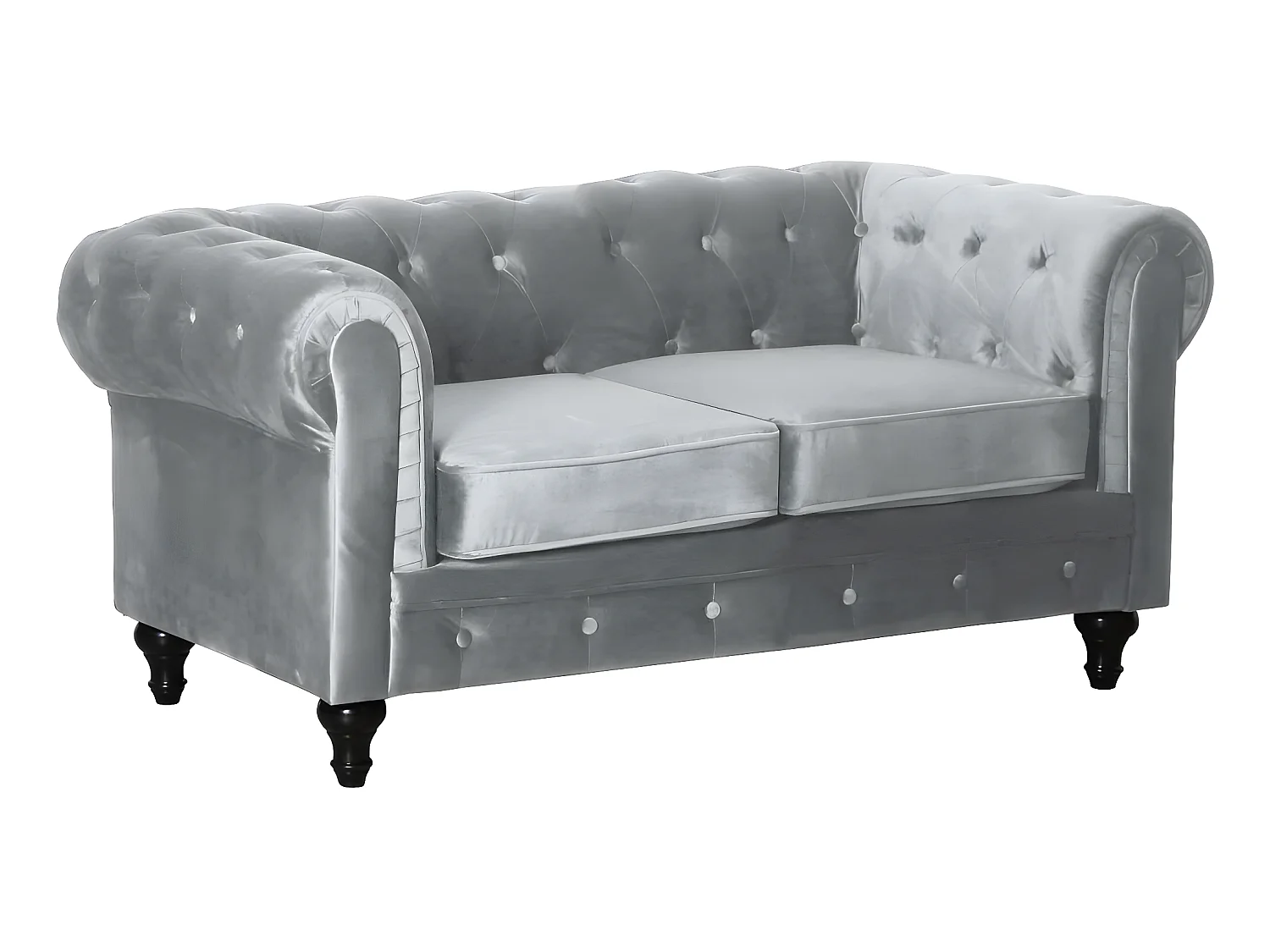 Sofá fixo Chesterfield de veludo "Aliza" - 2 lugares - Cinza capitonê com pés de madeira