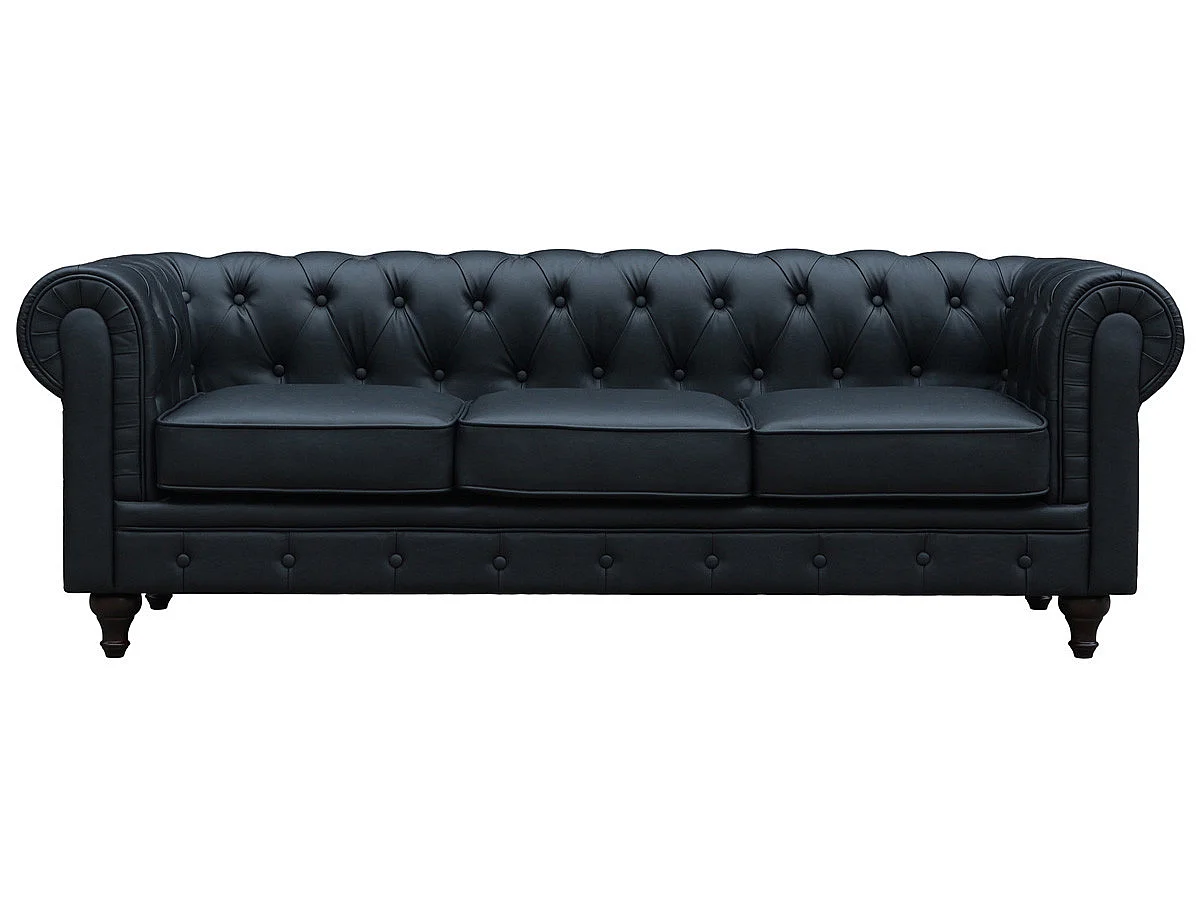 Canapé chesterfield 3 places en tissu 3D capitonné noir ALIZA 208x82x70 cm