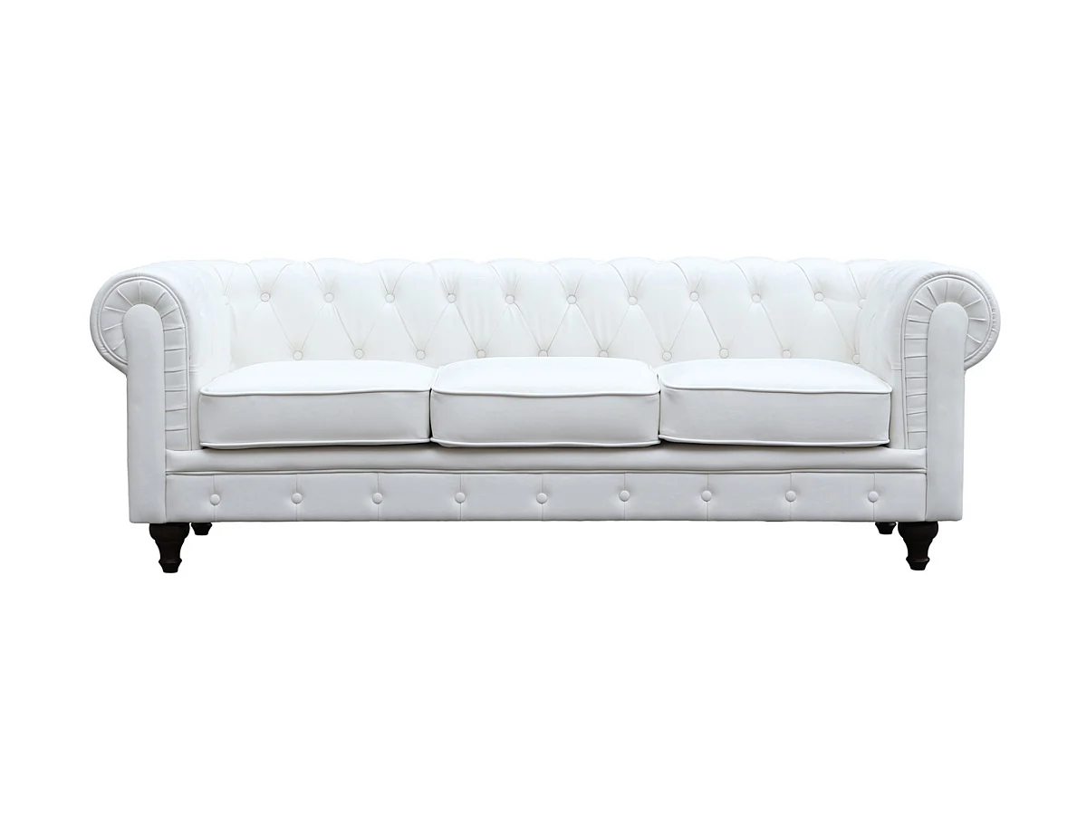 Sofá fixo Chesterfield "Aliza" branco em couro sintético de 3 lugares com encosto e braços acolchoados