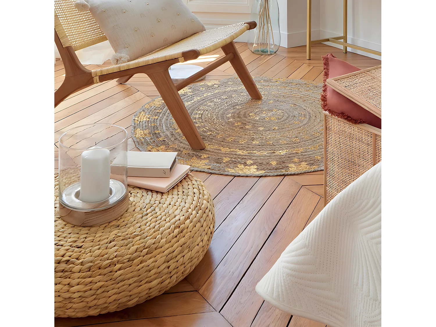 Pouf en jacinthe d'eau tressé coloris naturel - Diamètre 55 x Hauteur 14 cm