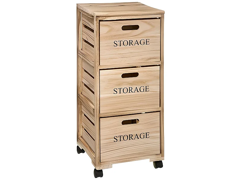 Tour de rangement avec 3 portes à roulettes en bois paulownia coloris beige - Longueur 34 x Profondeur 31,4 x Hauteur 82,2 cm
