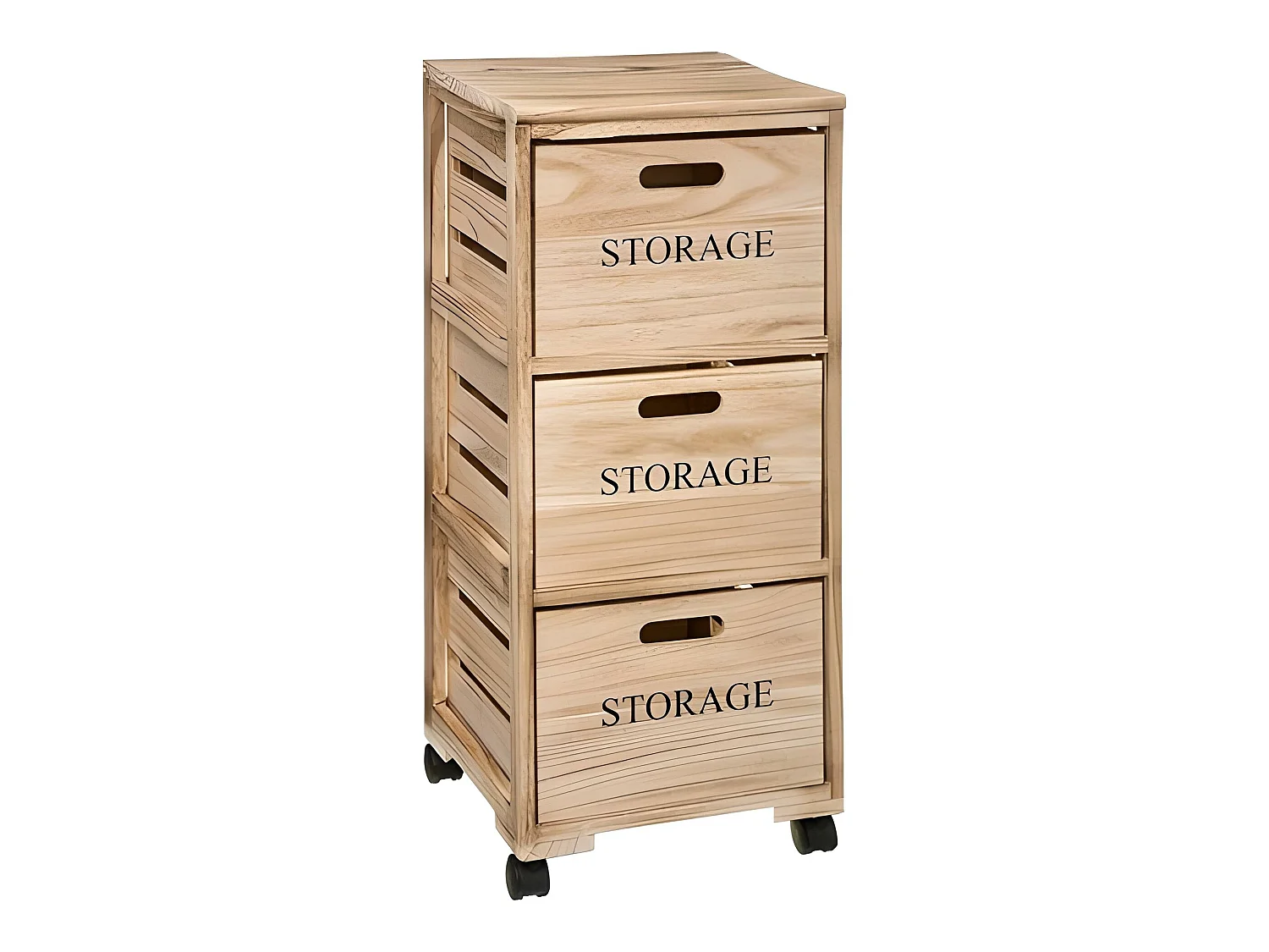 Tour de rangement avec 3 portes à roulettes en bois paulownia coloris beige - Longueur 34 x Profondeur 31,4 x Hauteur 82,2 cm