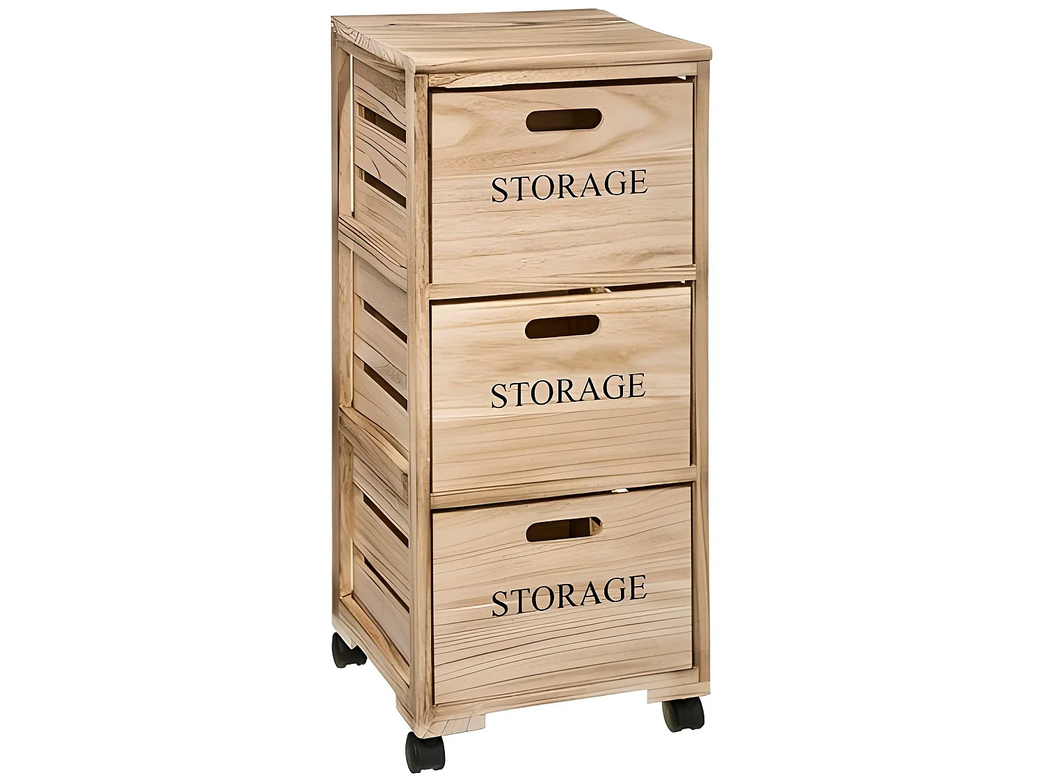 Tour de rangement avec 3 portes à roulettes en bois paulownia coloris beige - Longueur 34 x Profondeur 31,4 x Hauteur 82,2 cm