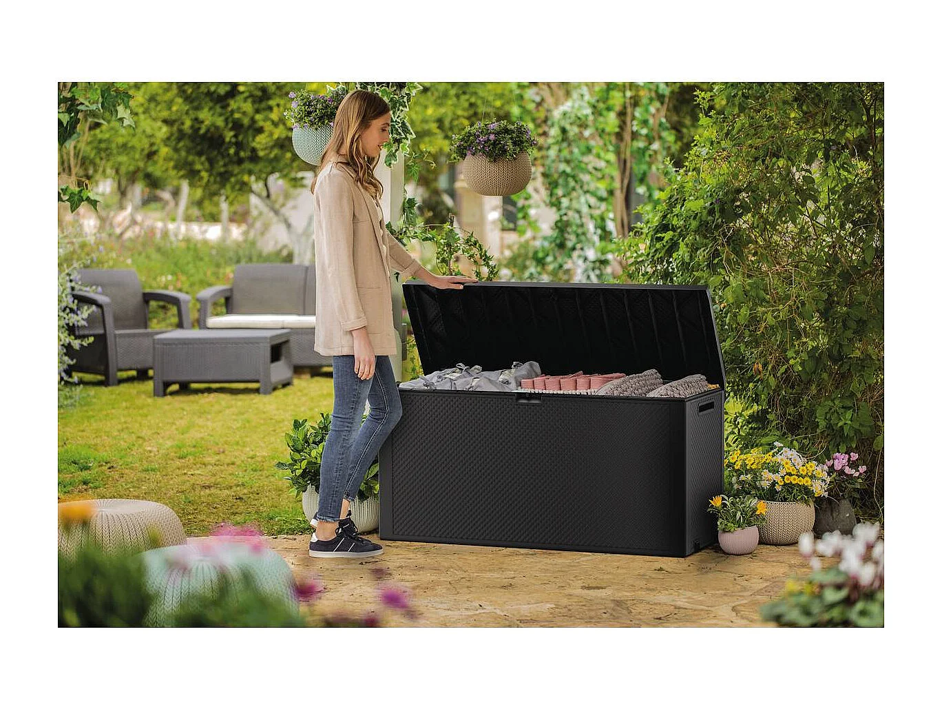 Coffre de jardin résine "Emily" - 270L - 118 x 45 x 57 cm - Gris Anthracite