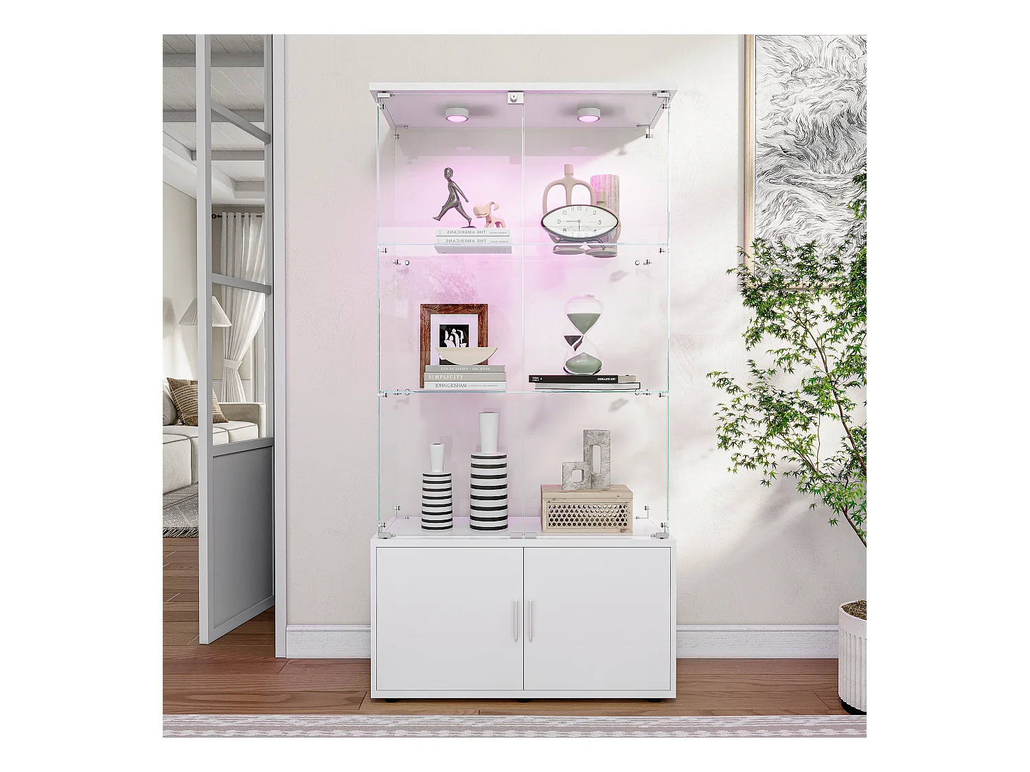 Vitrinekast met 3 planken, LED en opbergruimte, modern wit design, gehard glas en metaal - Ideaal voor woonkamer, slaapkamer, kantoor