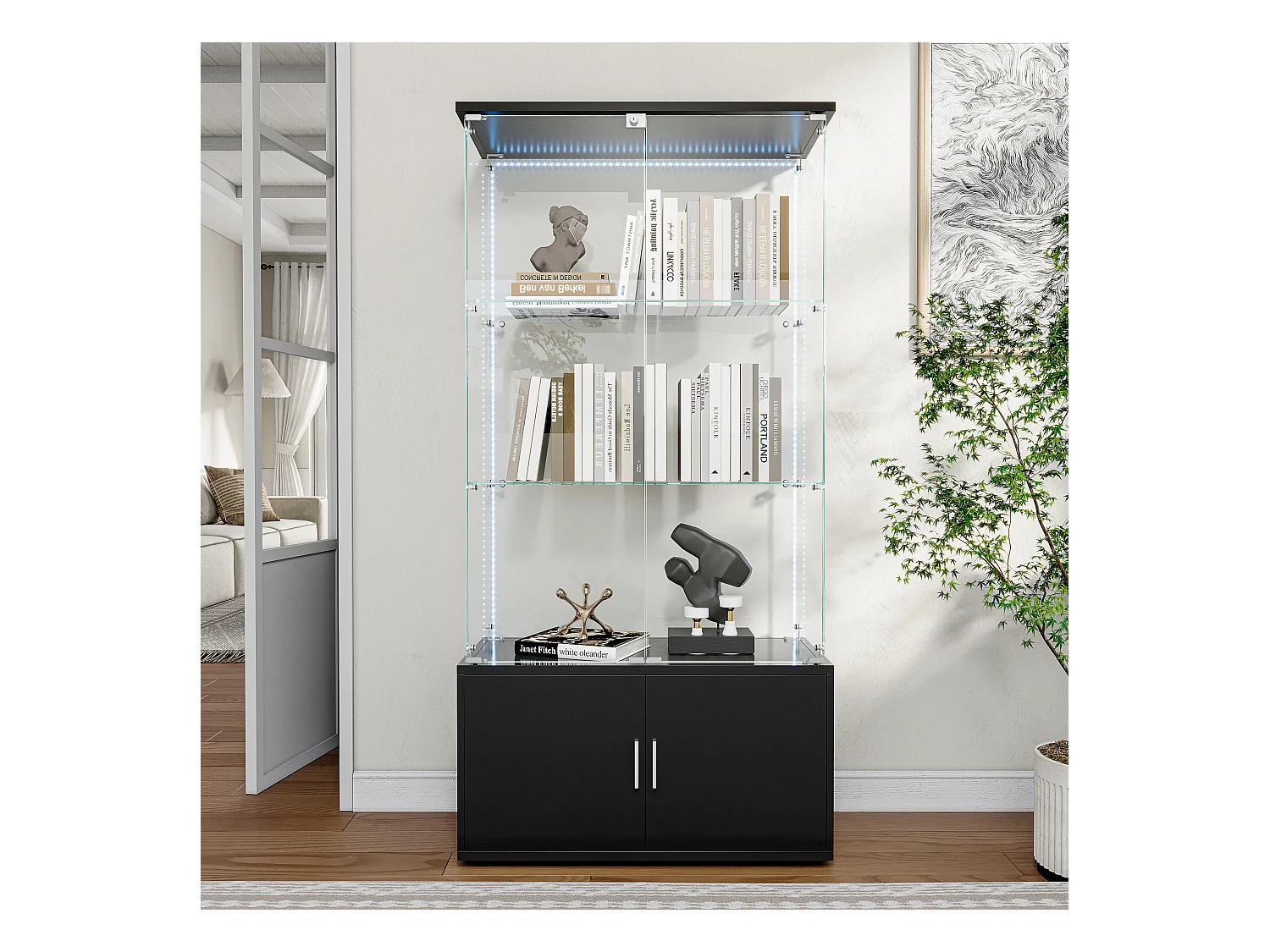 Vitrinekast met 3 planken, opbergruimte en ledverlichting, modern zwart design – Vitrinekast voor woonkamer, slaapkamer of kantoor