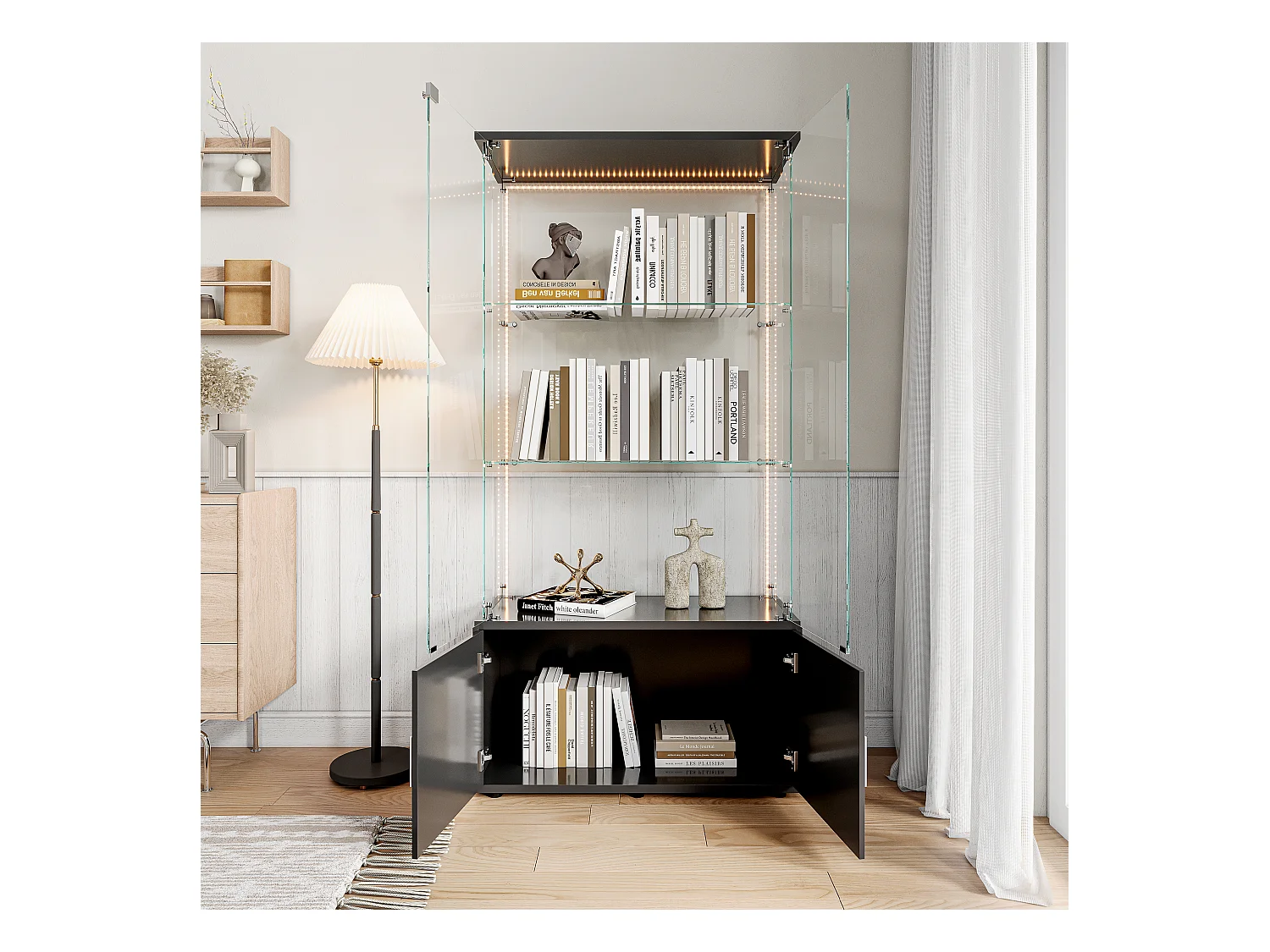 Vitrinekast met 3 planken, opbergruimte en ledverlichting, modern zwart design – Vitrinekast voor woonkamer, slaapkamer of kantoor