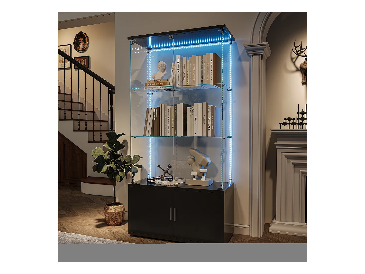 Vitrinekast met 3 planken, opbergruimte en ledverlichting, modern zwart design – Vitrinekast voor woonkamer, slaapkamer of kantoor
